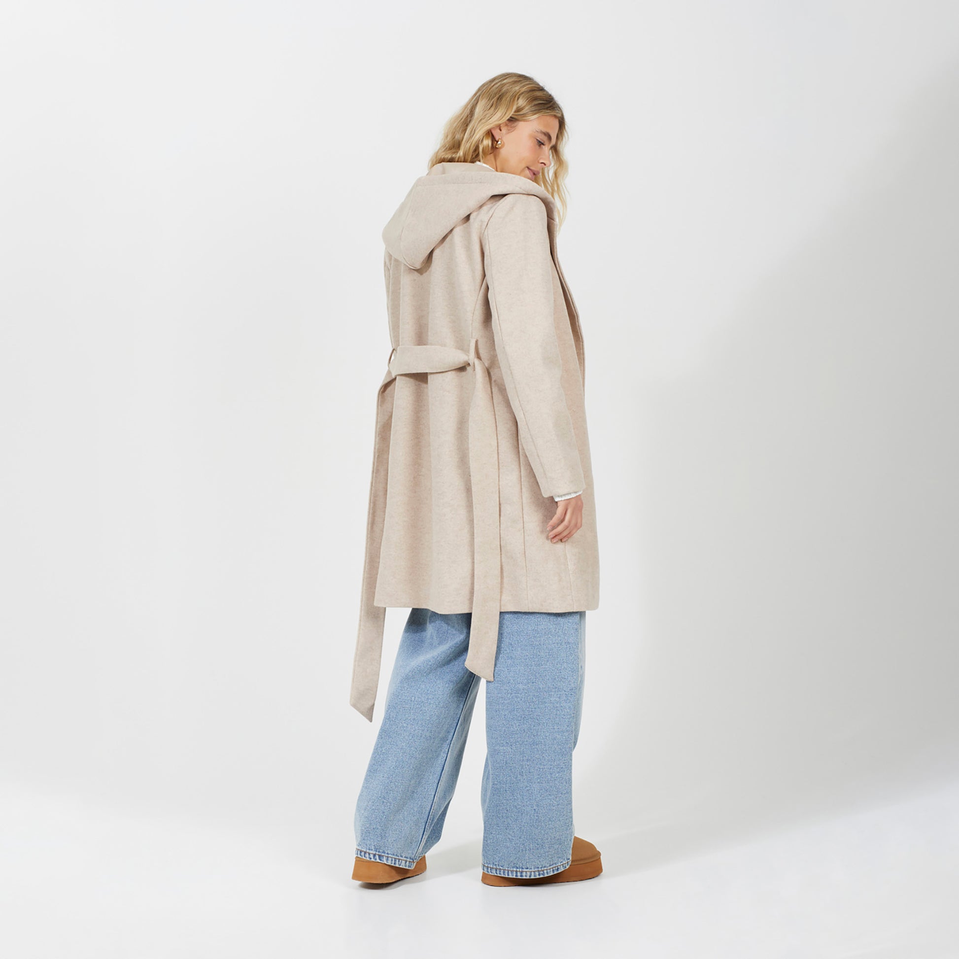 Brave Soul Beige Longline Hooded Coat with Belt - Beige Image 2