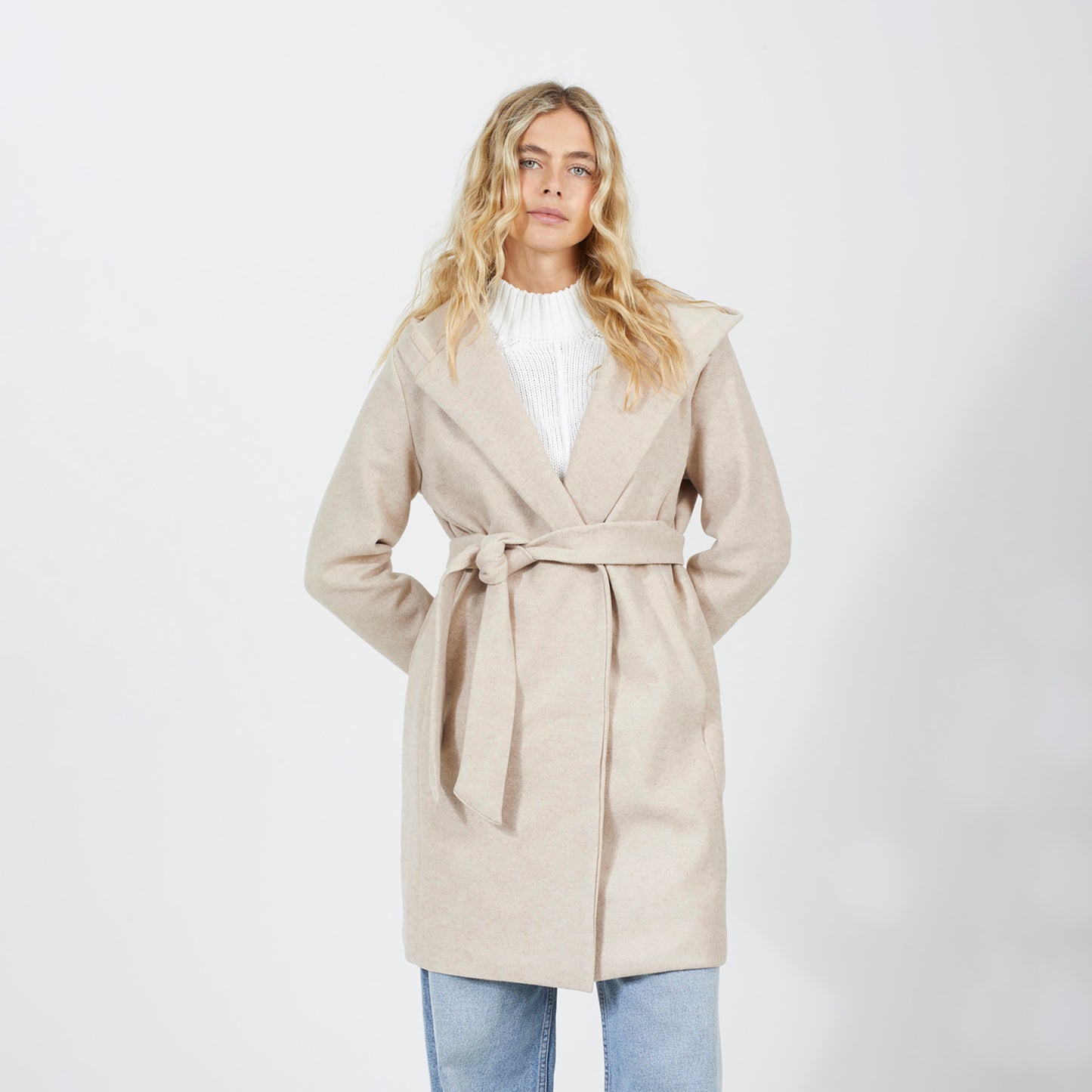 Brave Soul Beige Longline Hooded Coat with Belt - Beige Image 1