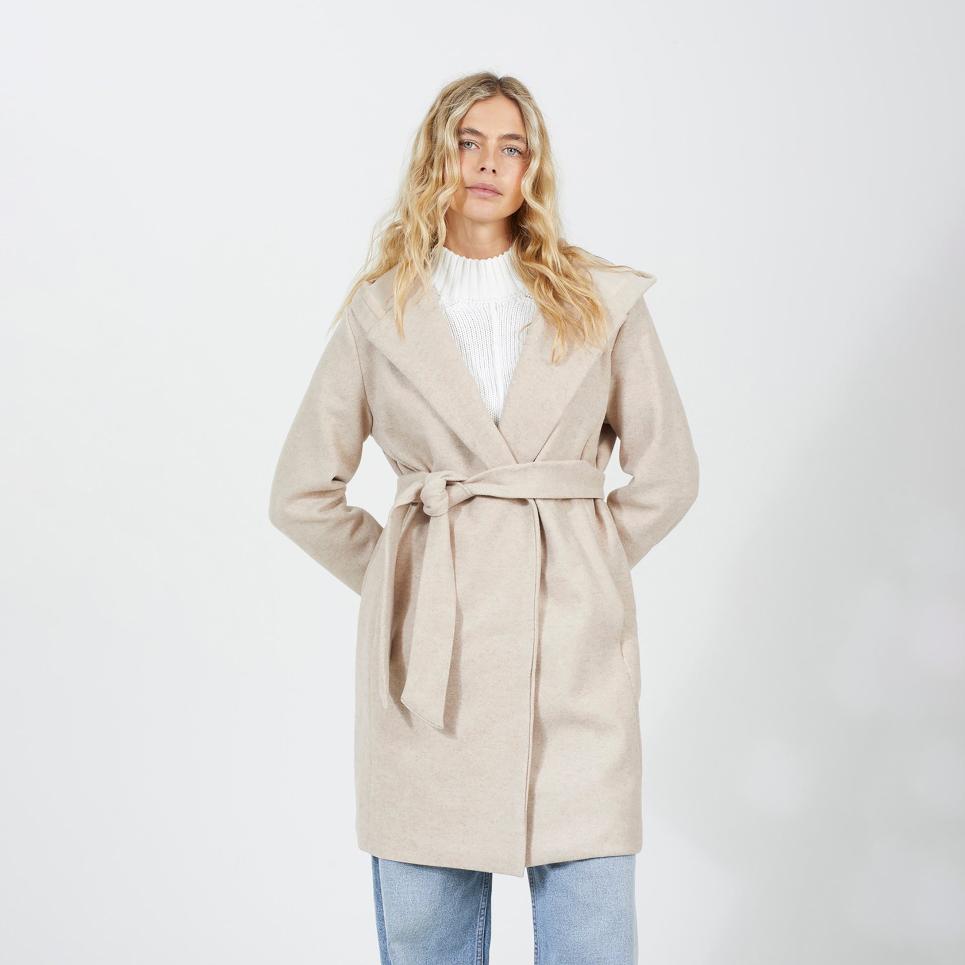 Brave Soul Beige Longline Hooded Coat with Belt - Beige Image 1