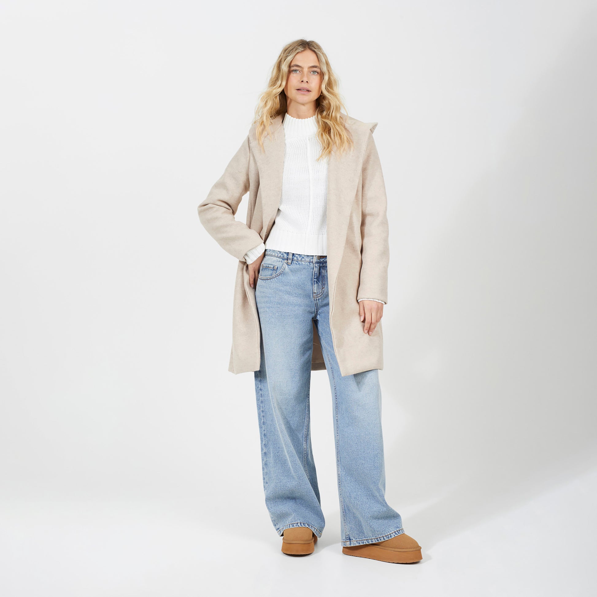 Brave Soul Beige Longline Hooded Coat with Belt - Beige Image 3
