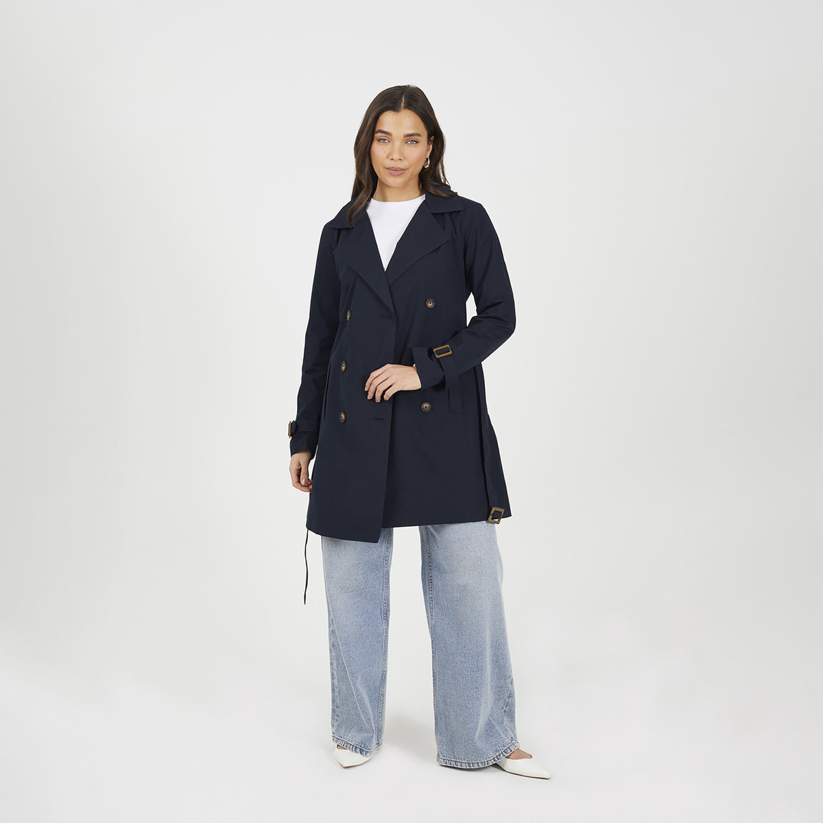 Brave Soul Navy Double Breasted Belted Trench Coat - Navy Image 3
