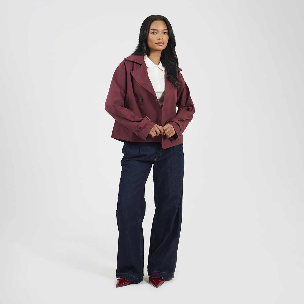 Brave Soul Burgundy Double Breasted Short Trench Coat - Burgundy Image 3