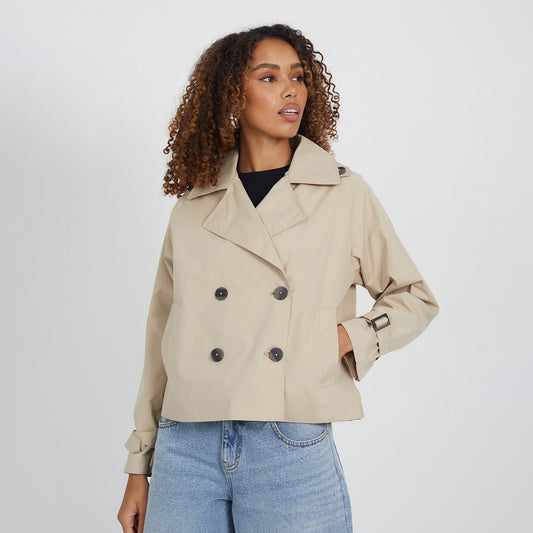 Brave Soul Stone Double Breasted Short Trench Coat - Stone Image 1