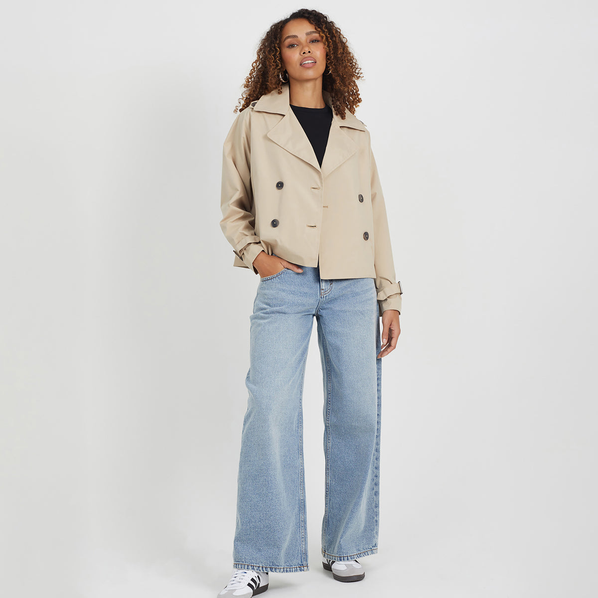 Brave Soul Stone Double Breasted Short Trench Coat - Stone Image 3