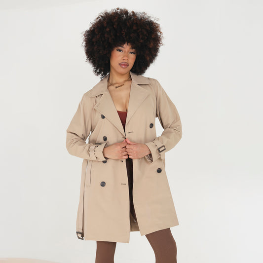 Brave Soul Stone Double Breasted Belted Trench Coat - Stone Image 1