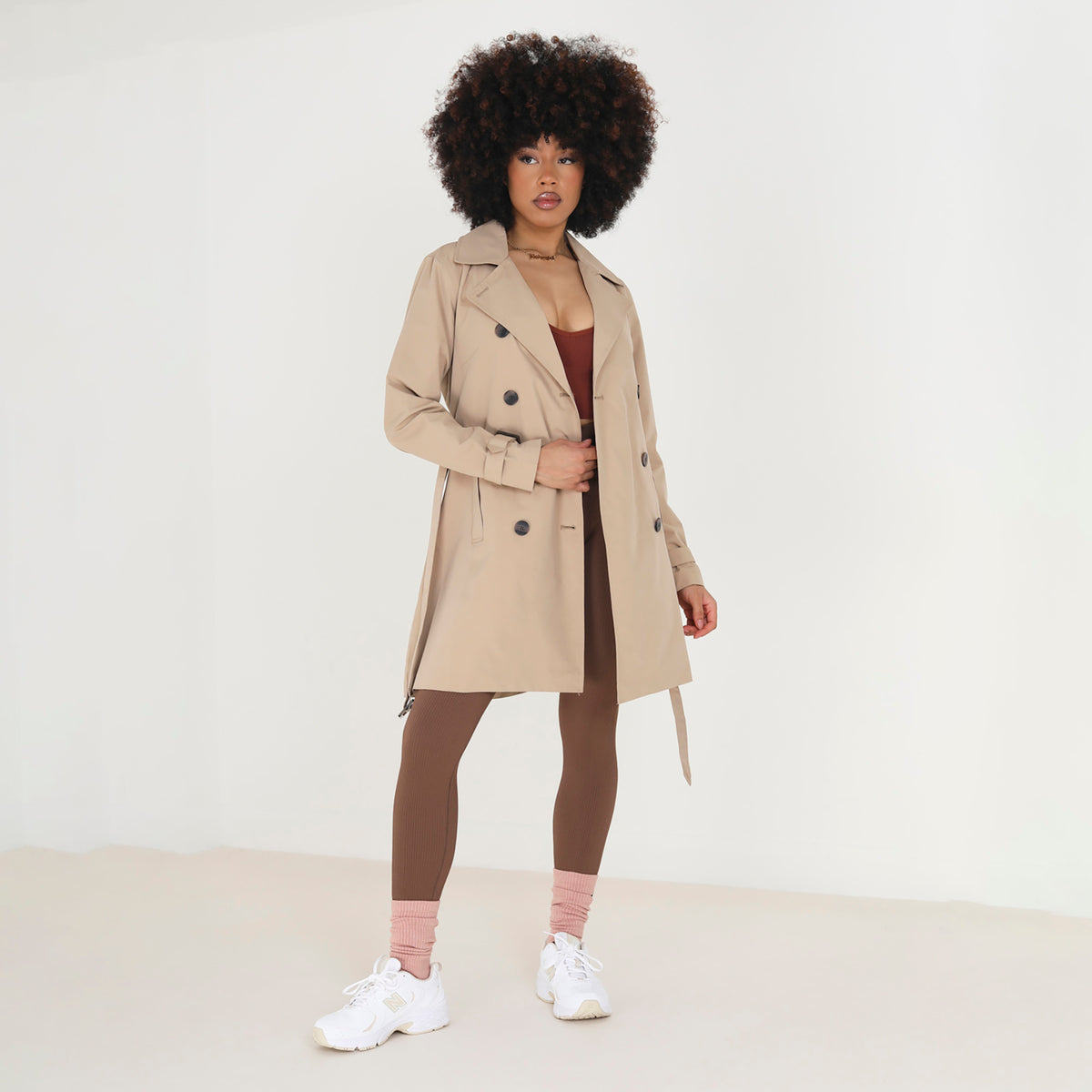 Brave Soul Stone Double Breasted Belted Trench Coat - Stone Image 3