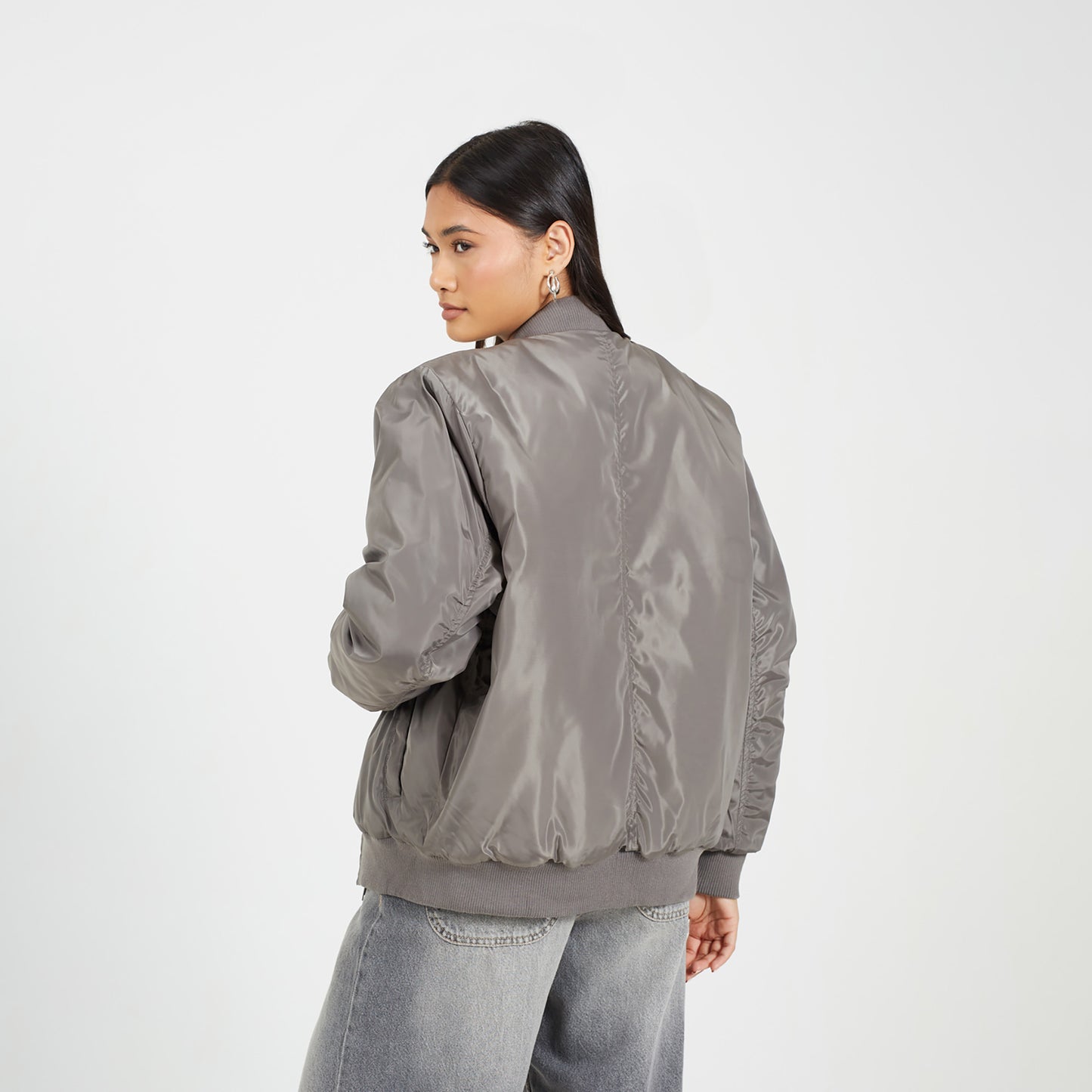 Brave Soul Charcoal Ruched Sleeve Oversized Bomber Jacket - Charcoal Image 2