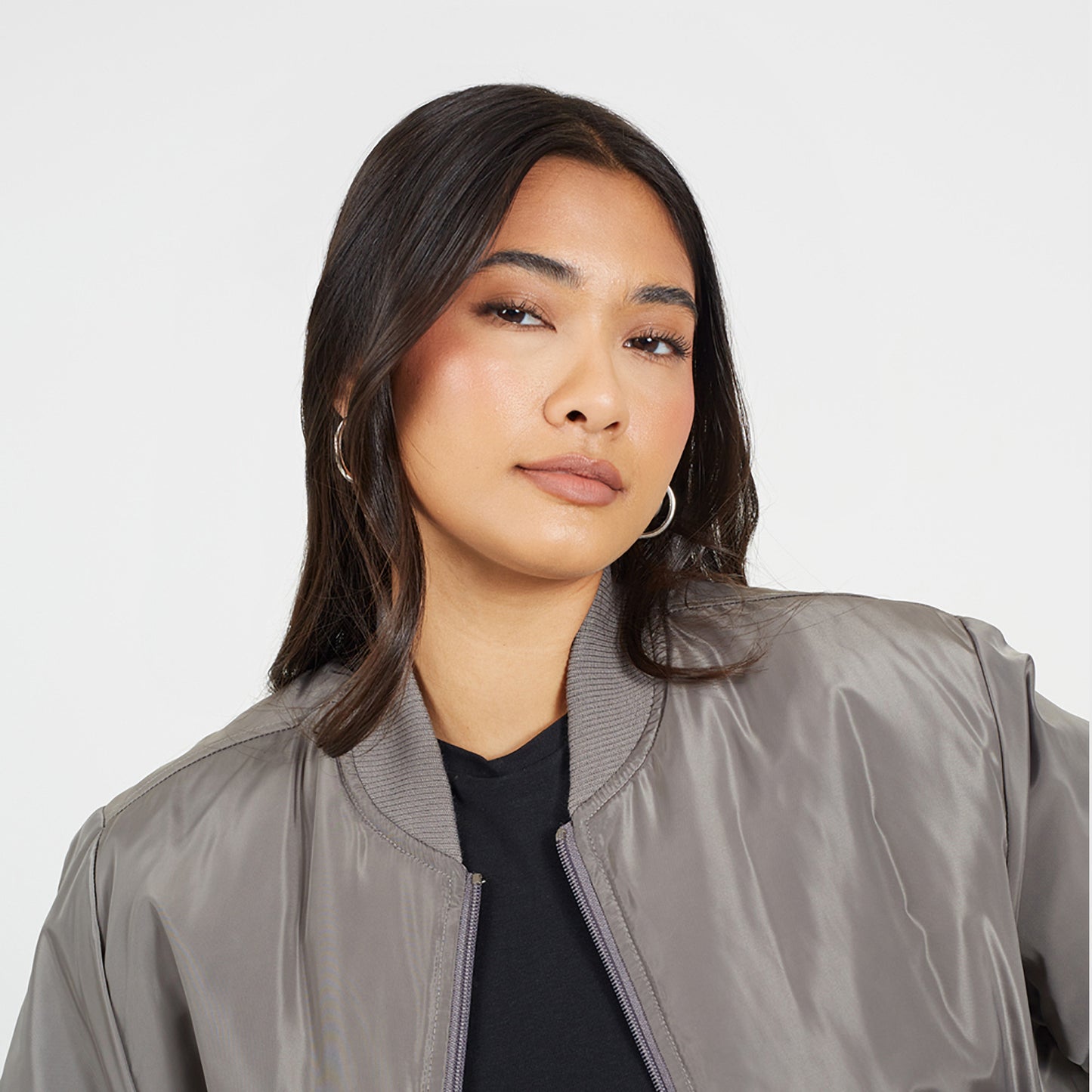 Brave Soul Charcoal Ruched Sleeve Oversized Bomber Jacket - Charcoal Image 4
