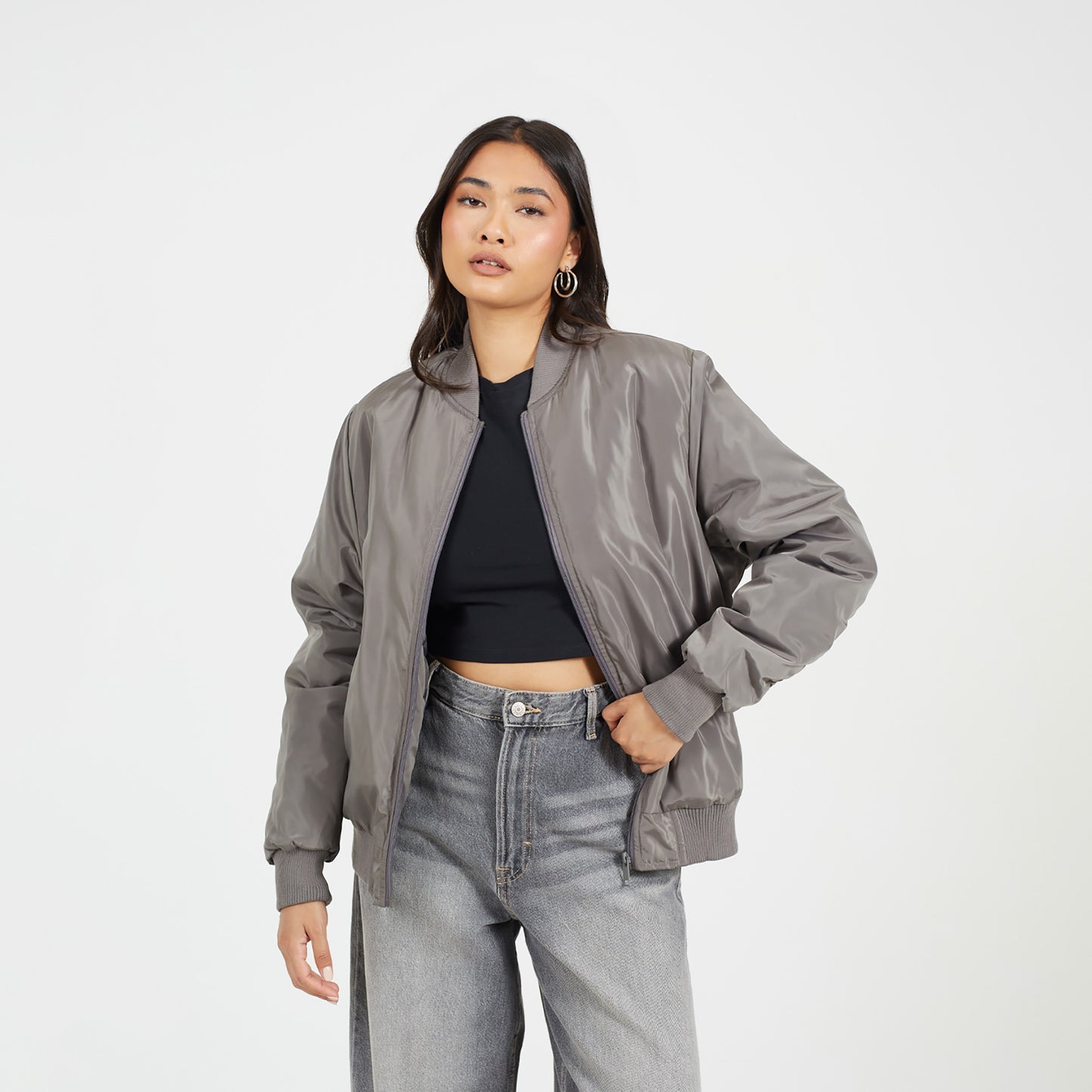 Brave Soul Charcoal Ruched Sleeve Oversized Bomber Jacket - Charcoal Image 1