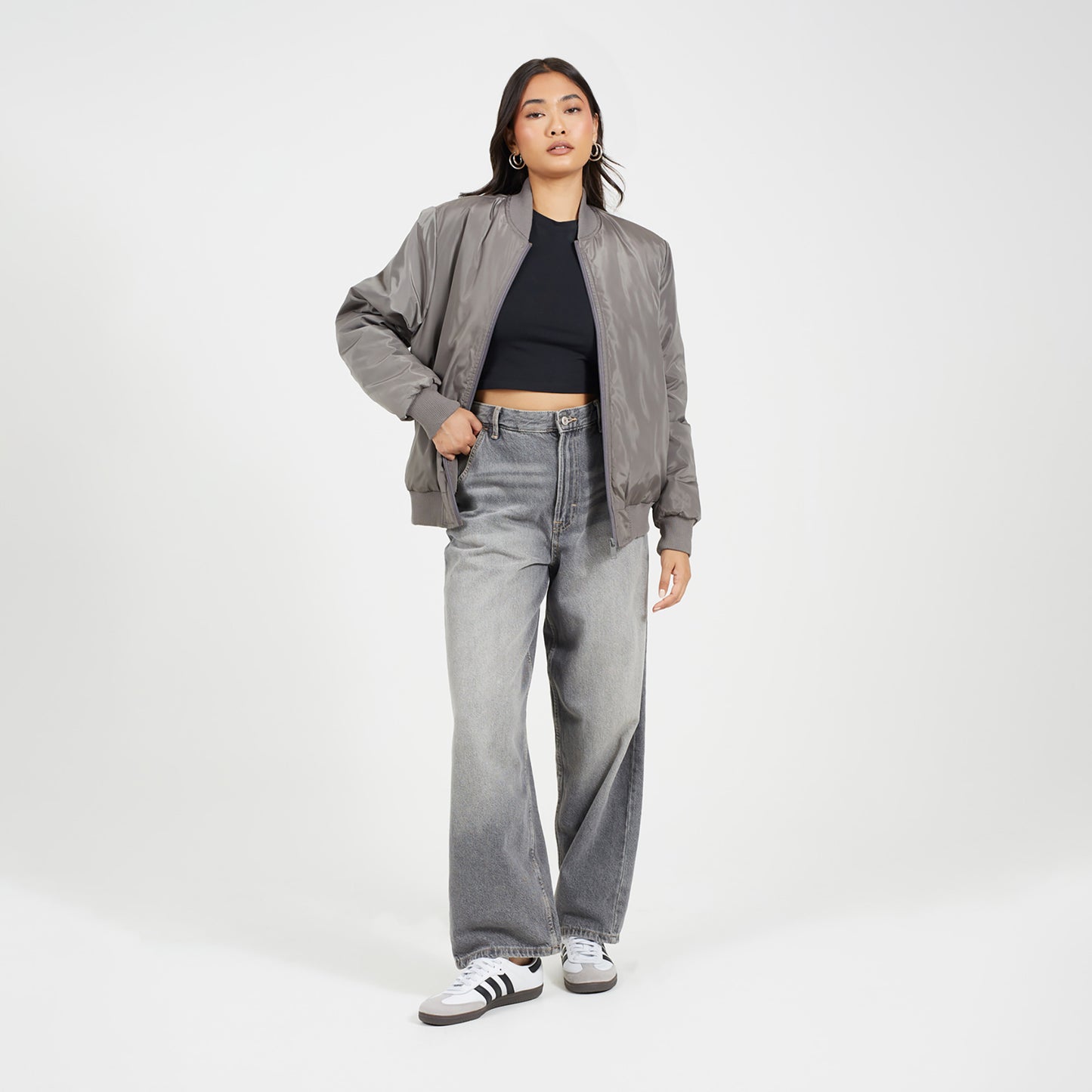 Brave Soul Charcoal Ruched Sleeve Oversized Bomber Jacket - Charcoal Image 3