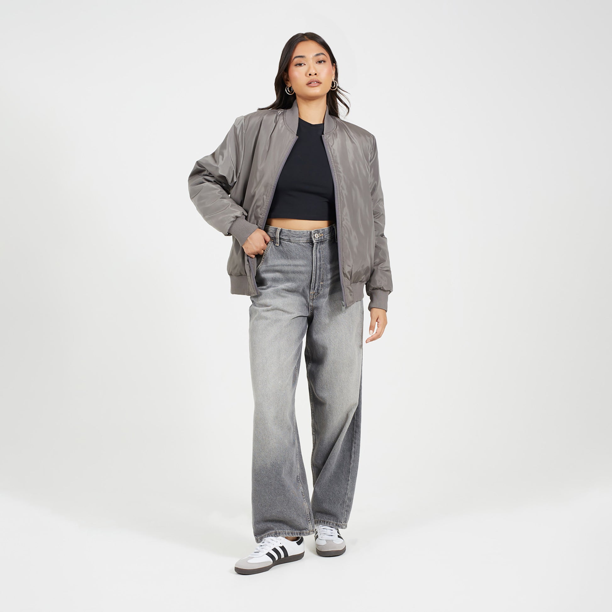 Brave Soul Charcoal Ruched Sleeve Oversized Bomber Jacket - Charcoal Image 3