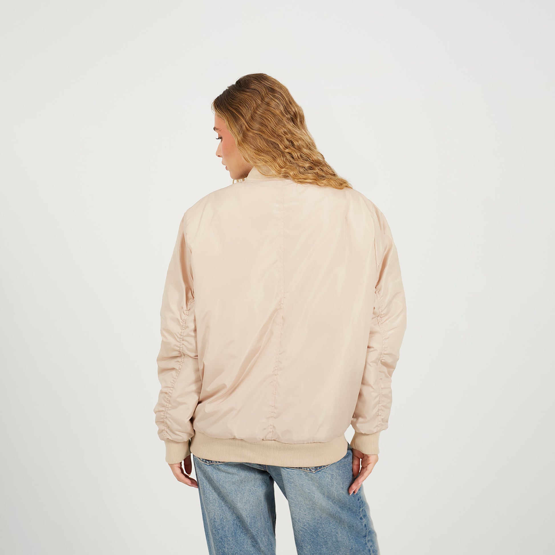 Brave Soul Stone Ruched Sleeve Oversized Bomber Jacket - Stone Image 2
