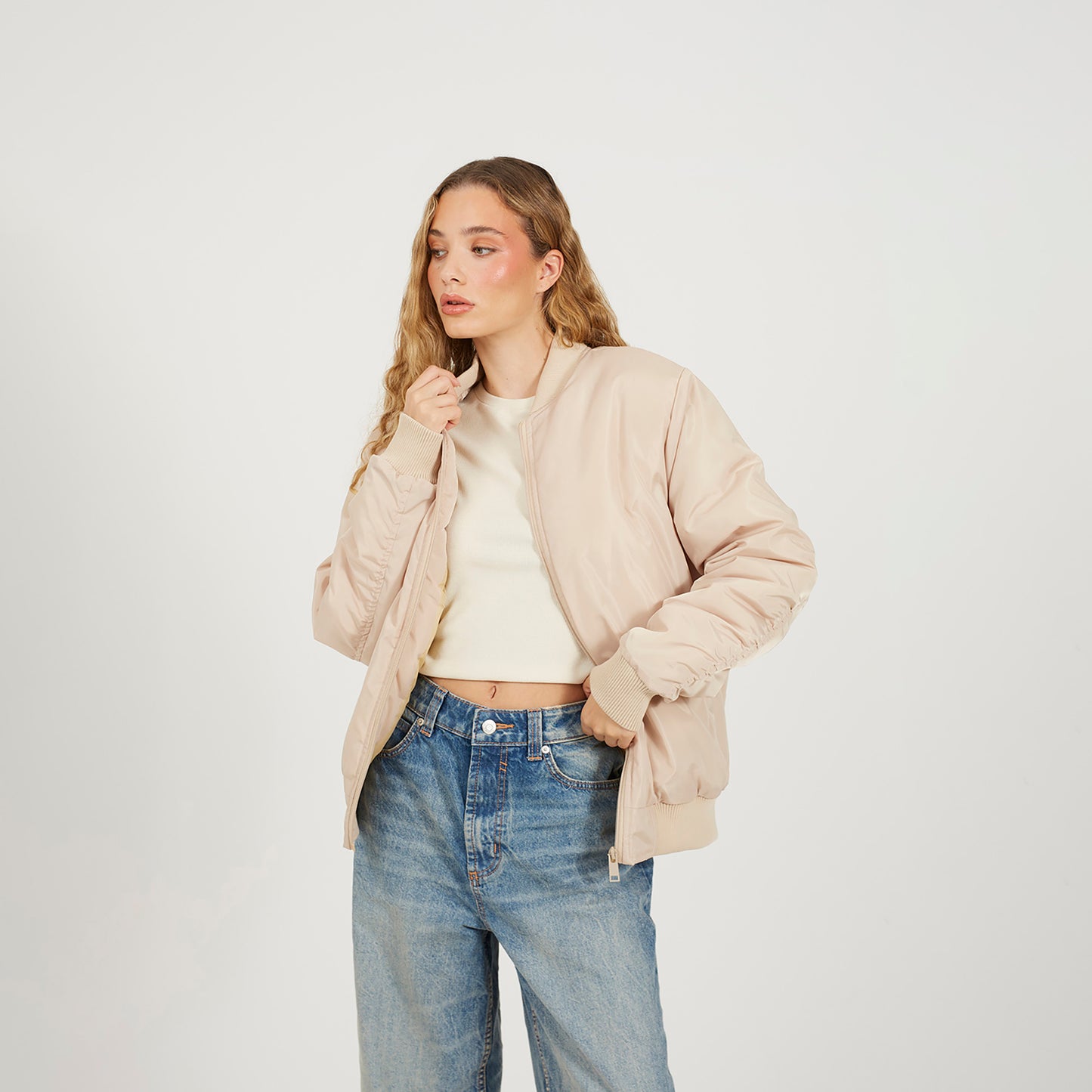 Brave Soul Stone Ruched Sleeve Oversized Bomber Jacket - Stone Image 1