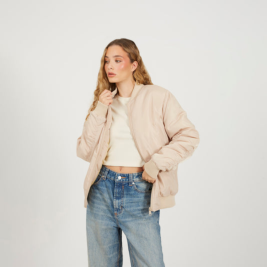 Brave Soul Stone Ruched Sleeve Oversized Bomber Jacket - Stone Image 1