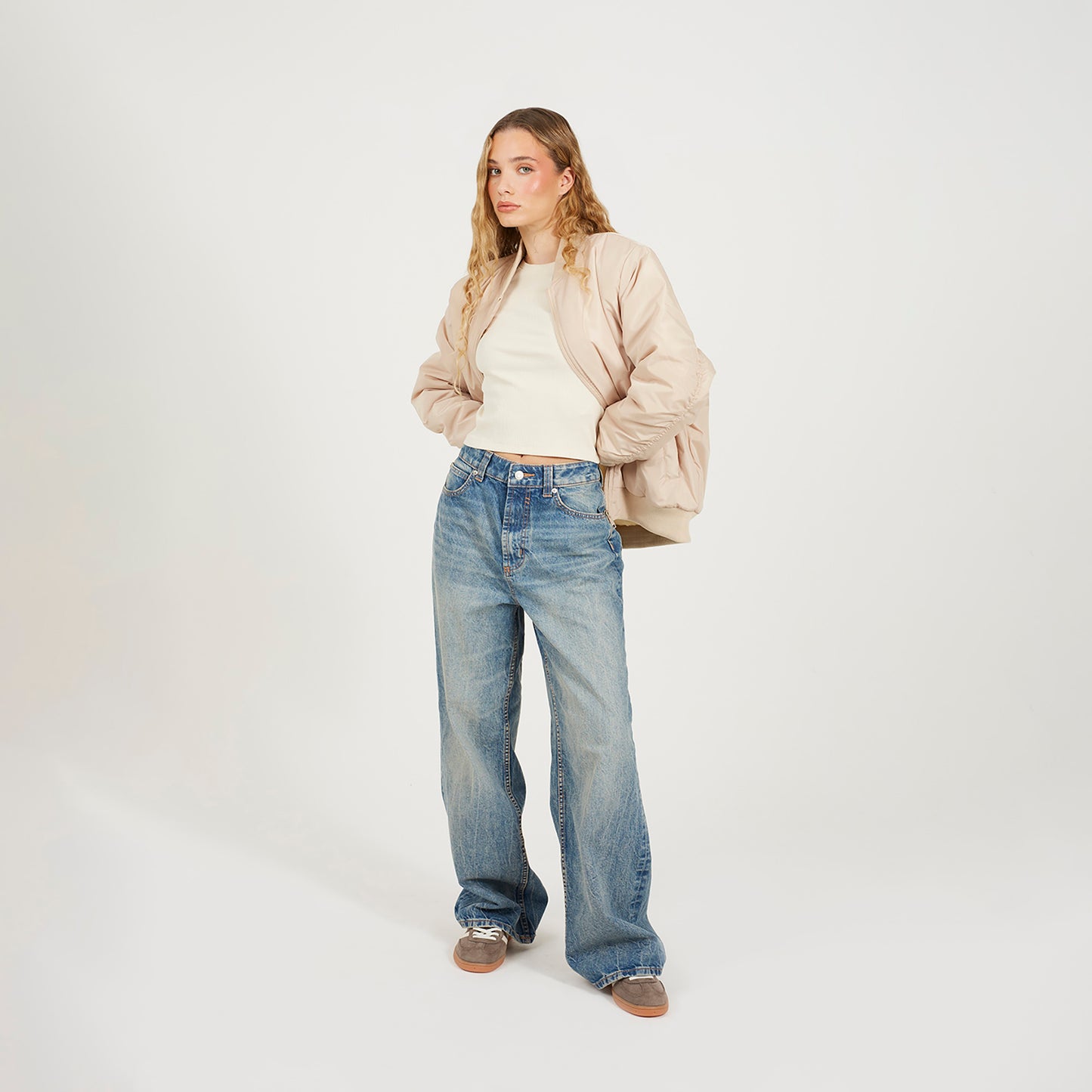 Brave Soul Stone Ruched Sleeve Oversized Bomber Jacket - Stone Image 3