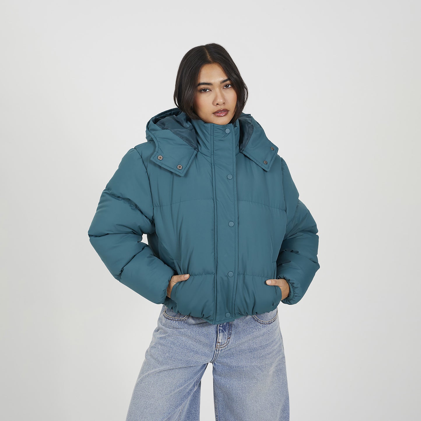 Brave Soul Teal Oversized Hooded Short Puffer Jacket - Teal Image 1