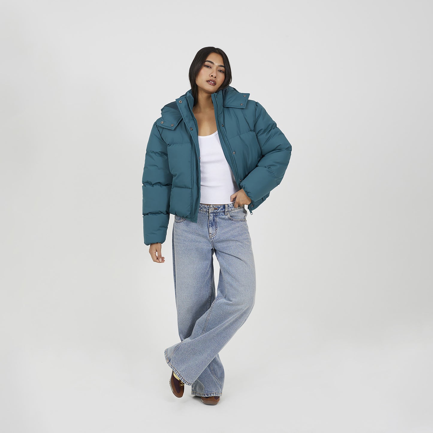 Brave Soul Teal Oversized Hooded Short Puffer Jacket - Teal Image 3