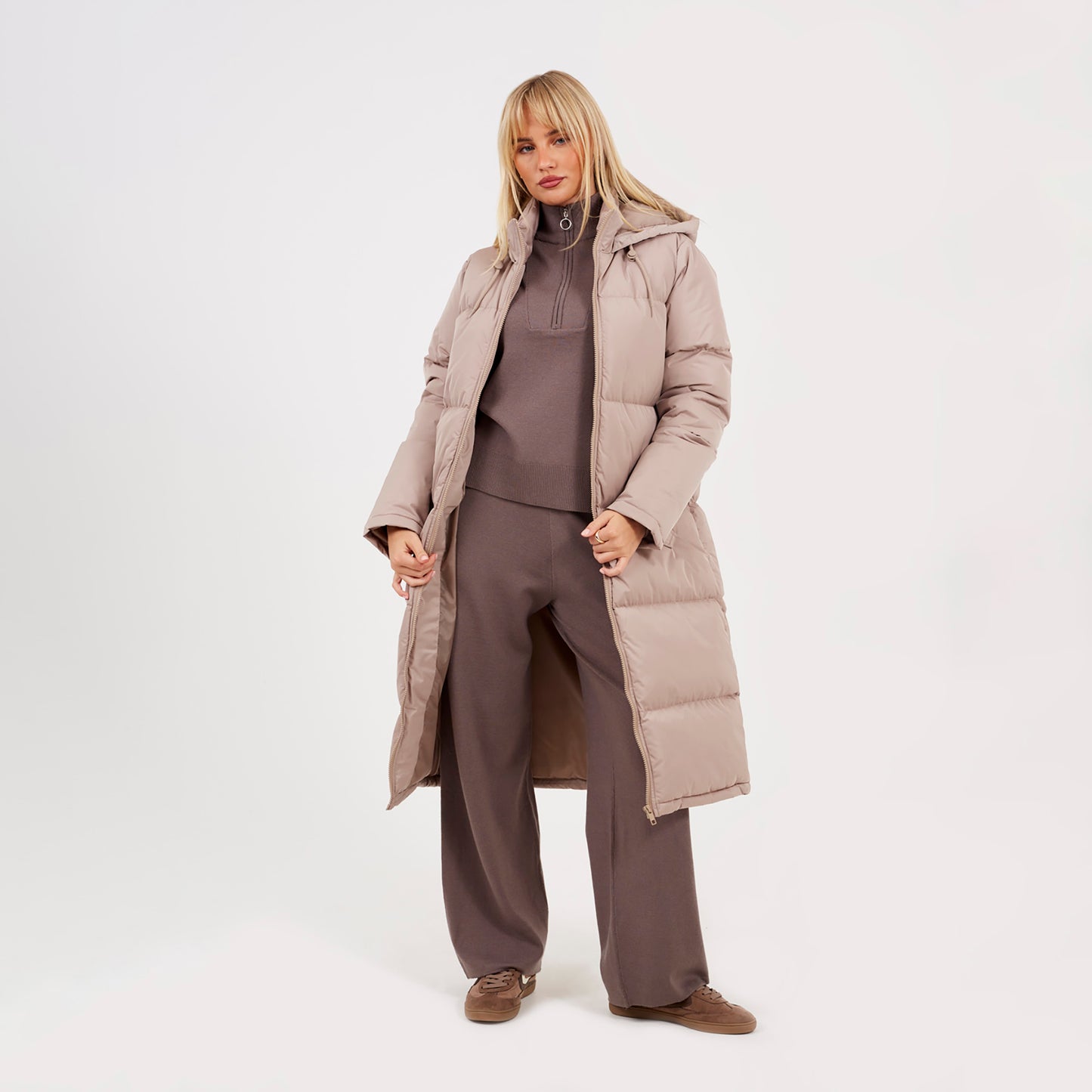 Brave Soul Stone Maxi Length Padded Jacket With Fixed Hood - Stone Image 1