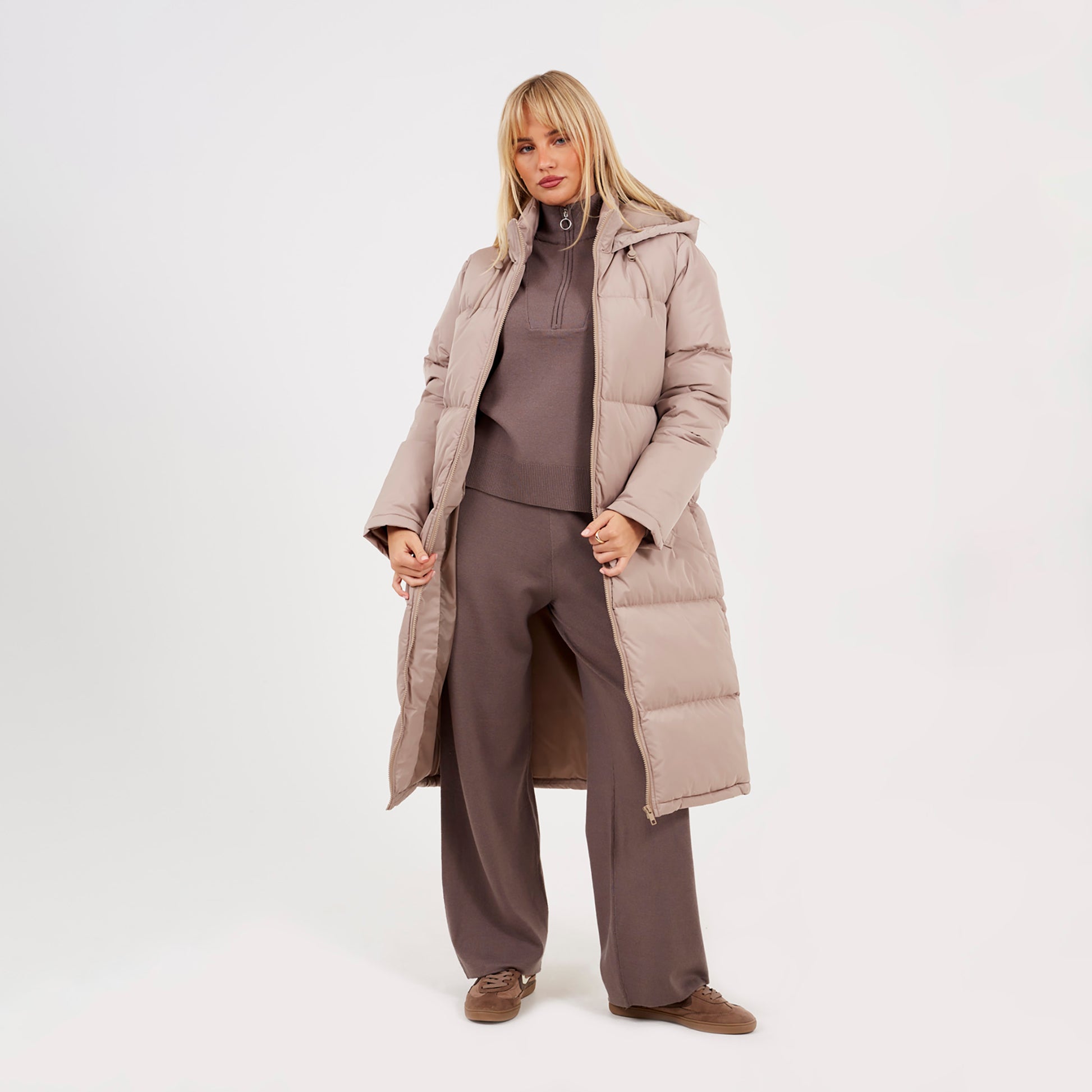 Brave Soul Stone Maxi Length Padded Jacket With Fixed Hood - Stone Image 1