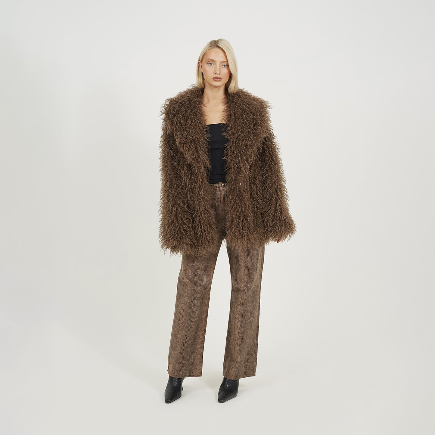 Brave Soul Brown Shawl Collar Faux Mongolian Fur Jacket - Brown Image 3