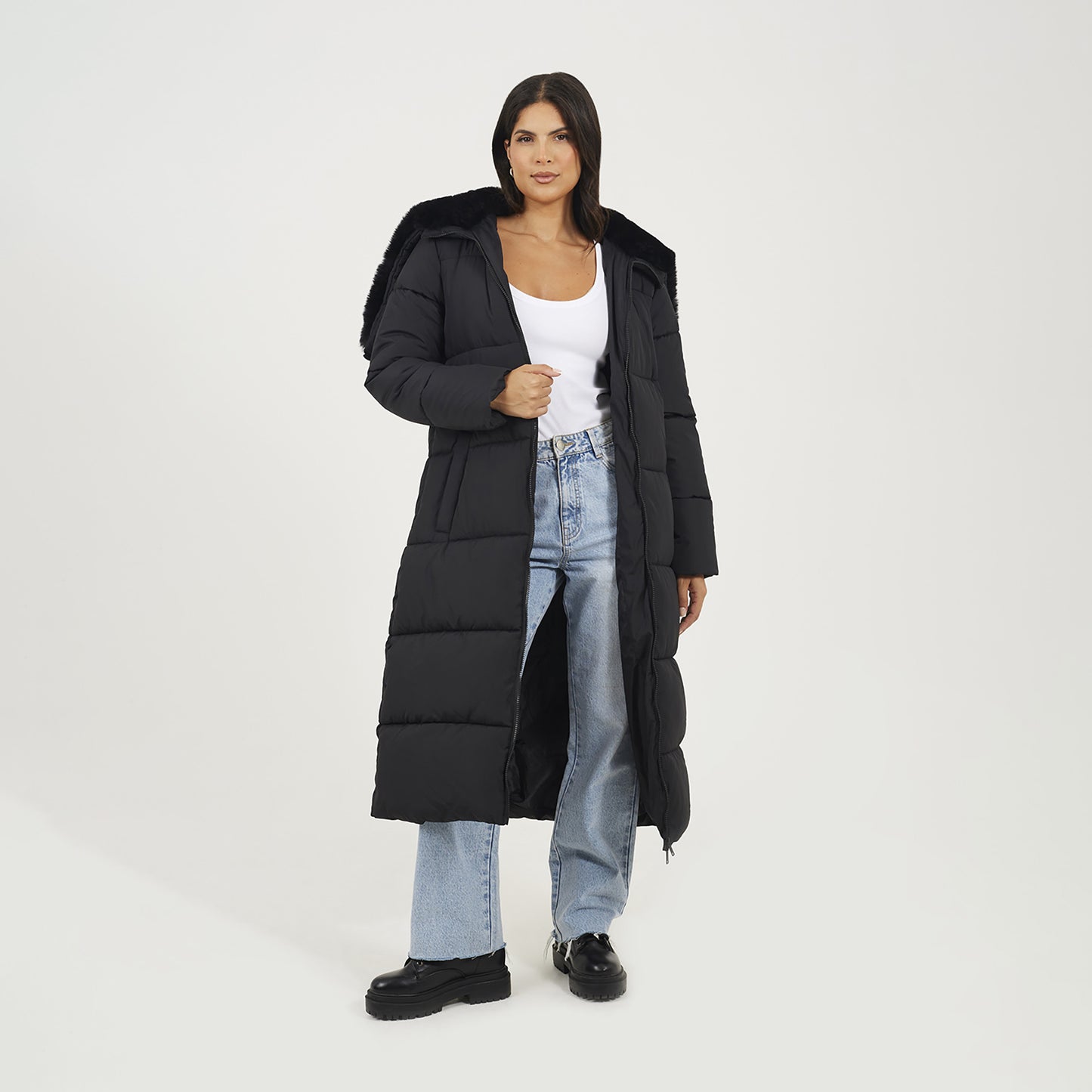 Brave Soul Black Maxi Padded Jacket With Split Hood - Black Image 3
