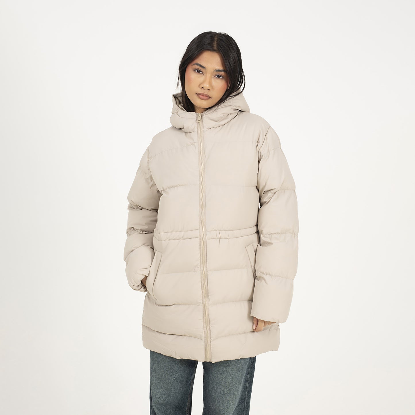 Brave Soul Stone Hooded Padded Jacket With Drawcord Waist - Stone Image 1