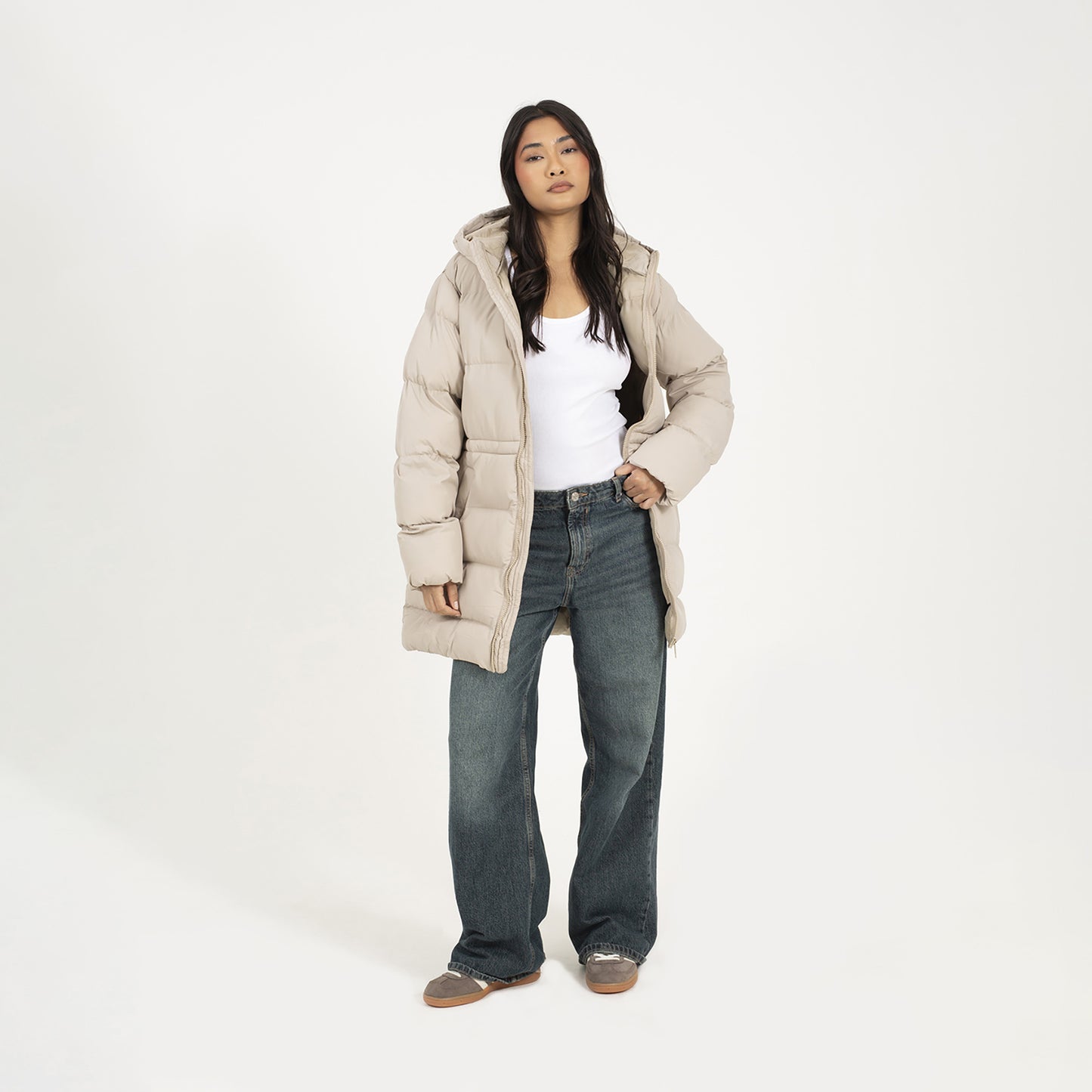 Brave Soul Stone Hooded Padded Jacket With Drawcord Waist - Stone Image 3