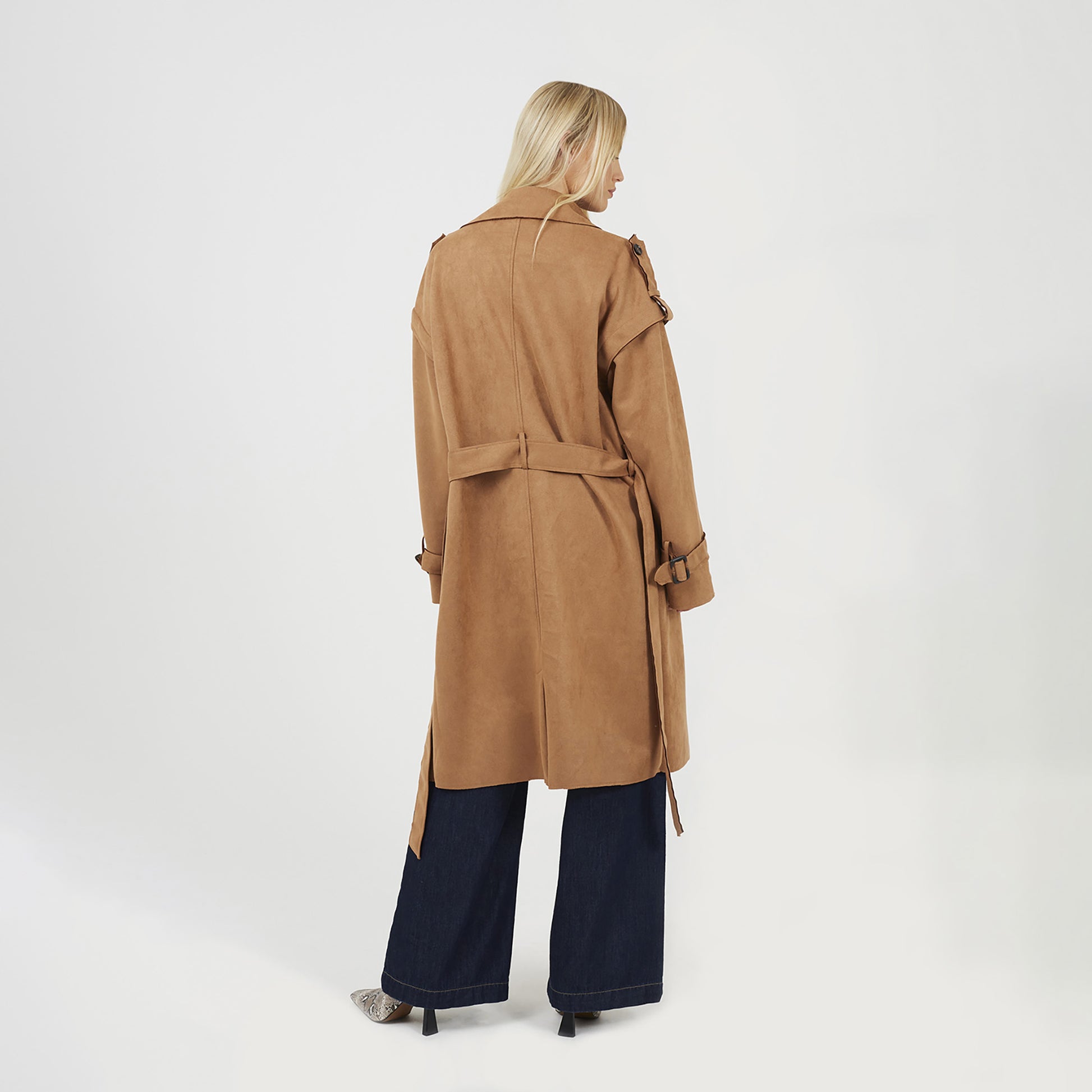 Brave Soul Tan Faux Suede Double Breasted Trench Coat - Tan Image 2