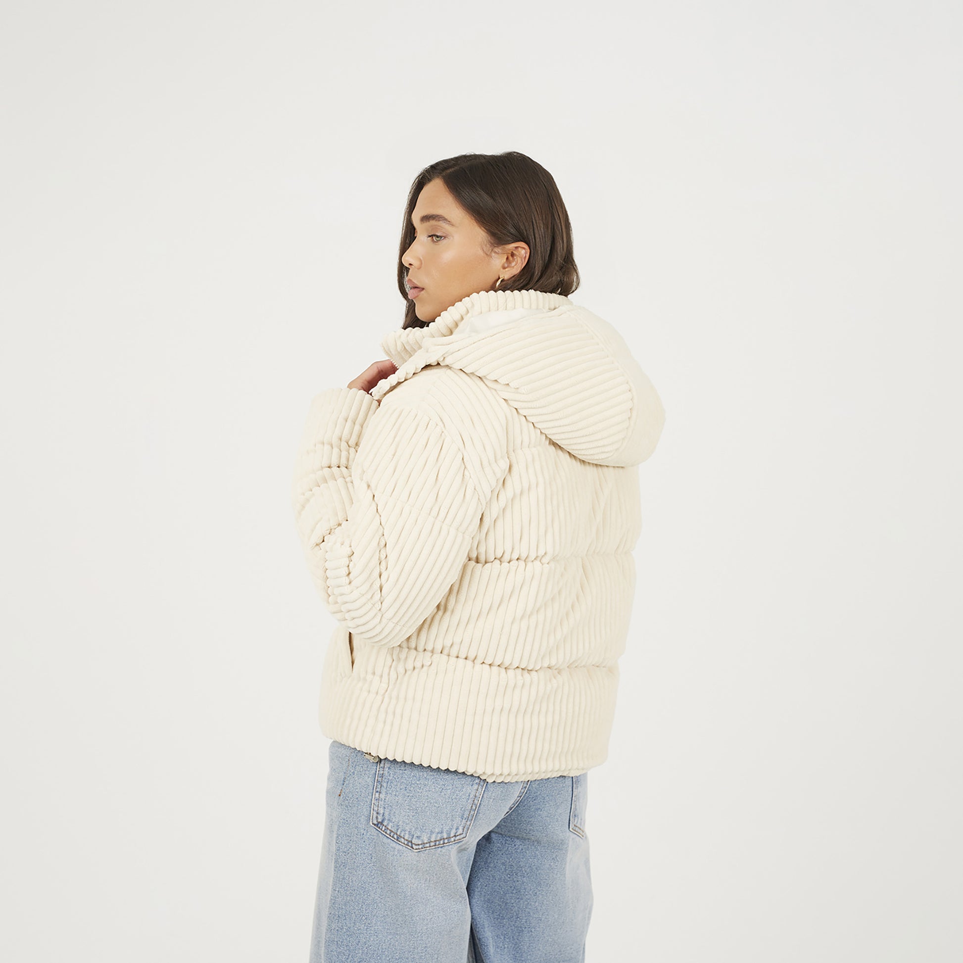 Brave Soul Cream Jumbo Cord Hooded Puffer Jacket - Cream Image 2