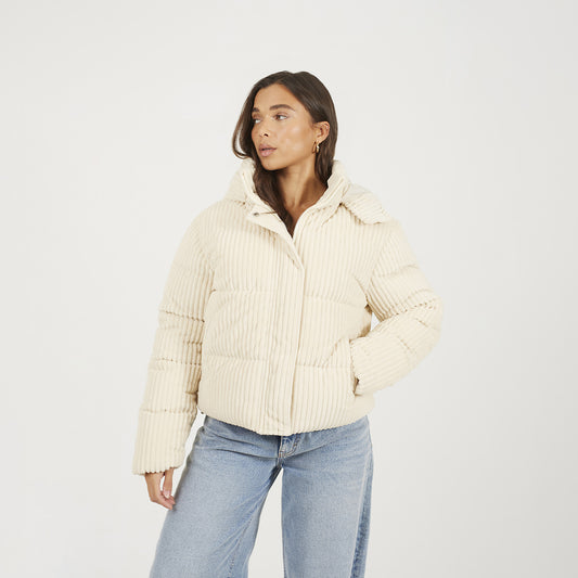 Brave Soul Cream Jumbo Cord Hooded Puffer Jacket - Cream Image 1