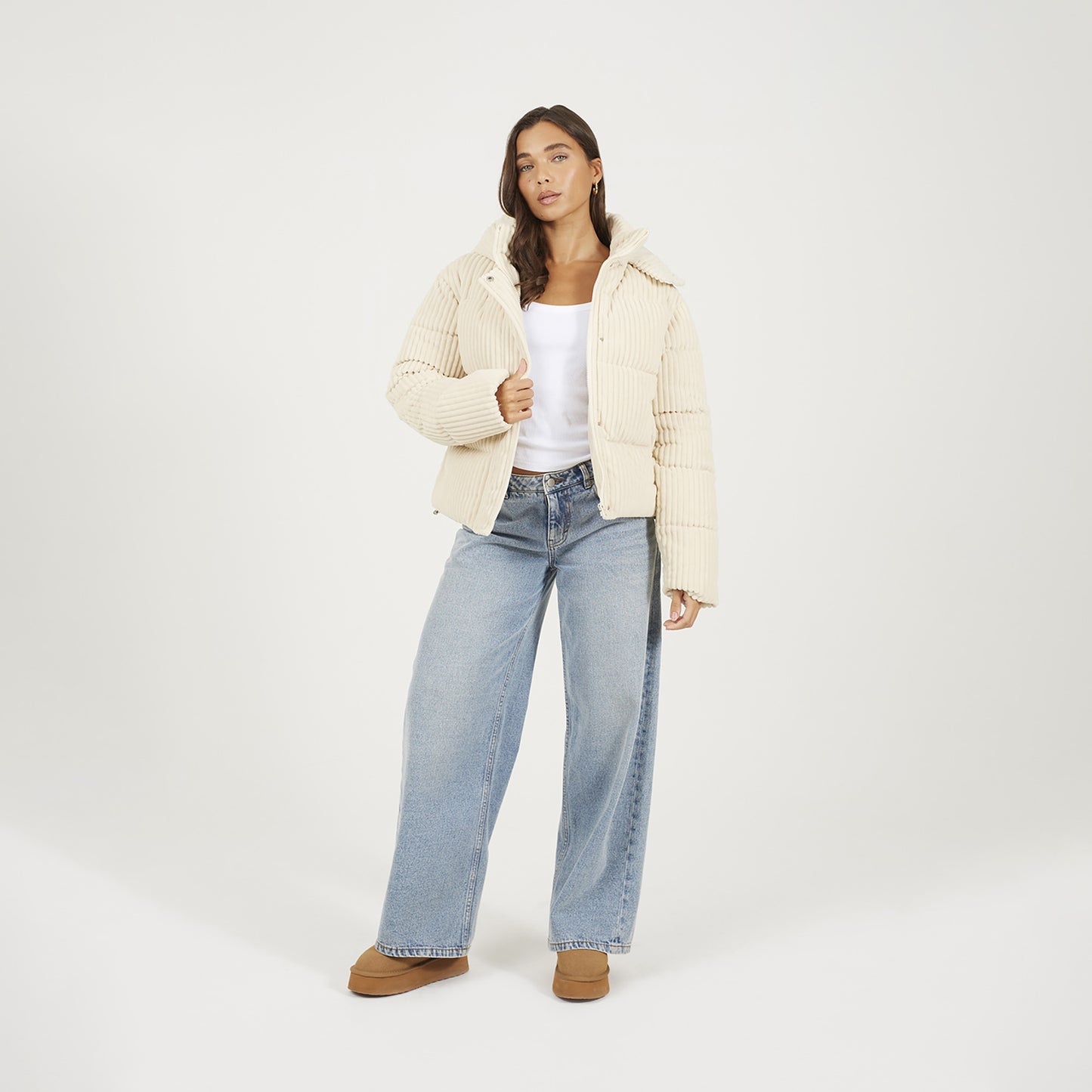 Brave Soul Cream Jumbo Cord Hooded Puffer Jacket - Cream Image 3