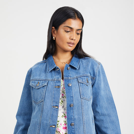 Brave Soul Mid Blue Oversized Denim Jacket - Mid Blue Image 1
