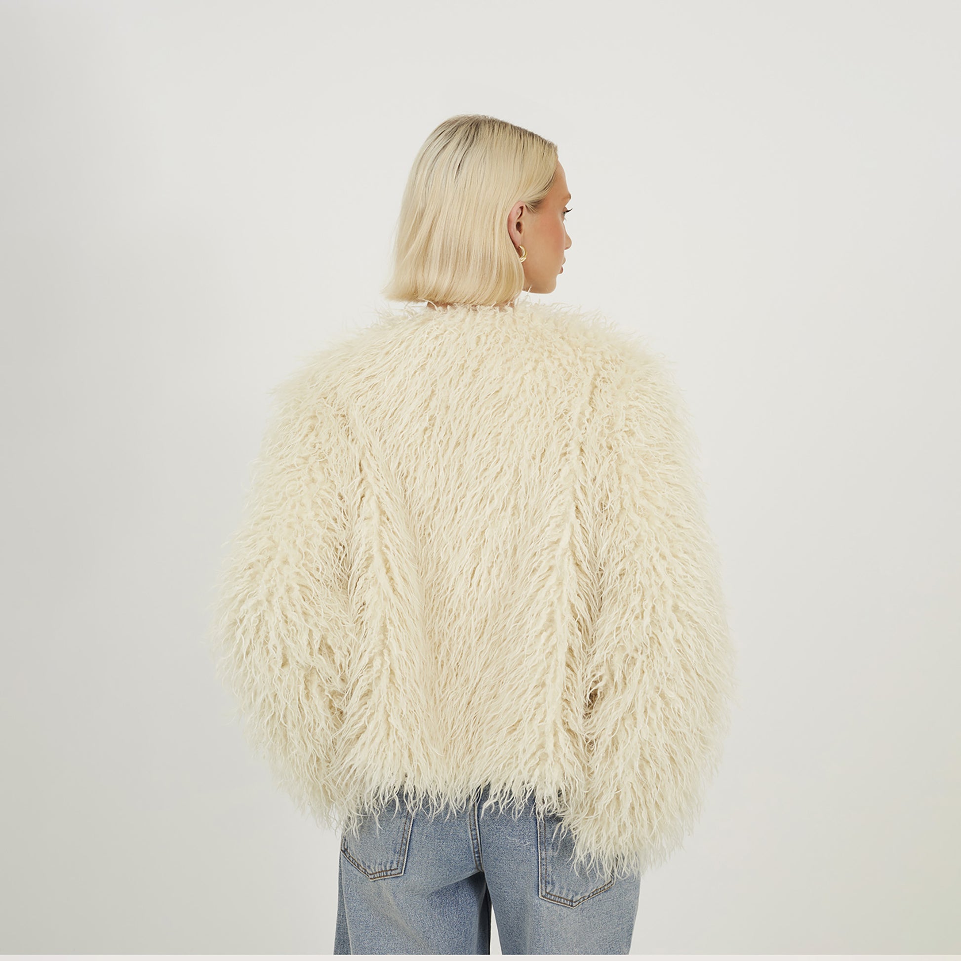 Brave Soul Cream Short Faux Mongolian Fur Jacket - Cream Image 2