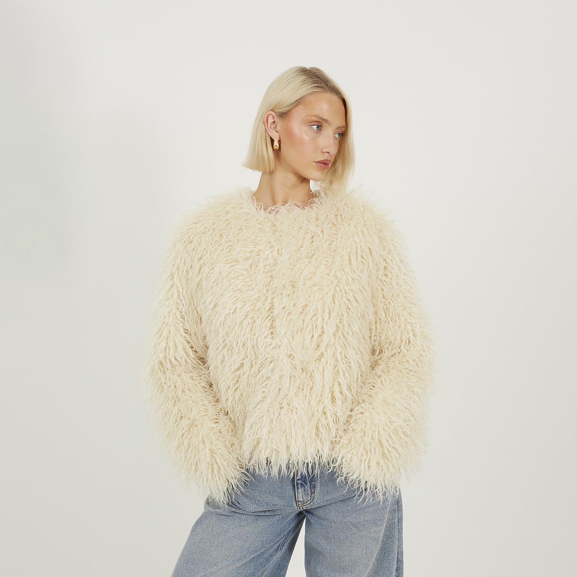 Brave Soul Cream Short Faux Mongolian Fur Jacket - Cream Image 1