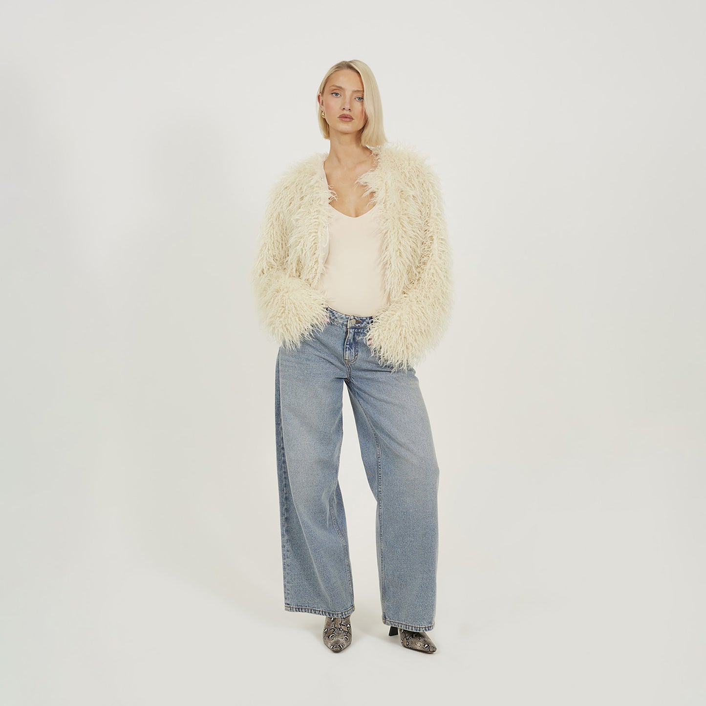 Brave Soul Cream Short Faux Mongolian Fur Jacket - Cream Image 3