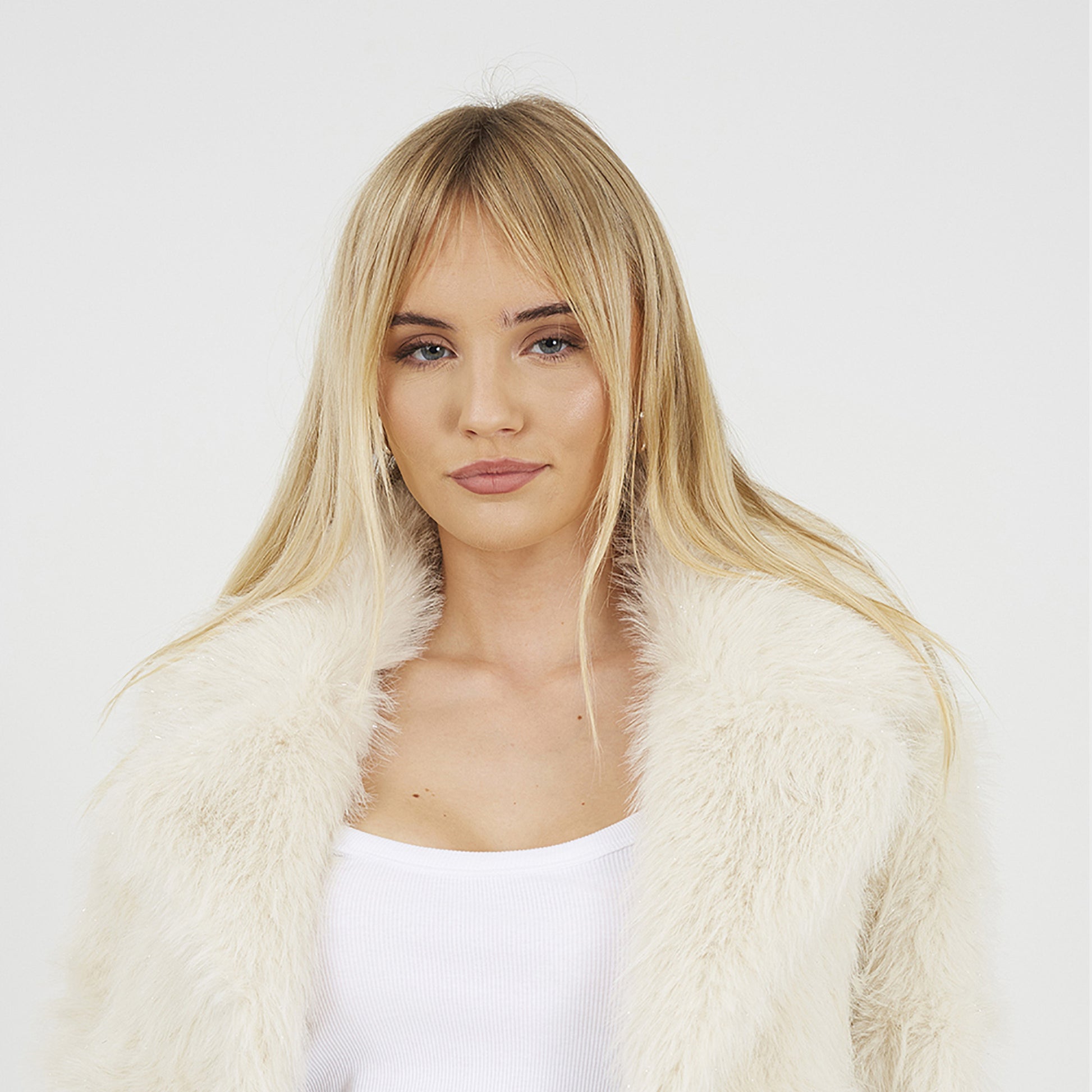 Brave Soul Cream Tinsel Faux Fur Jacket - Cream Image 4