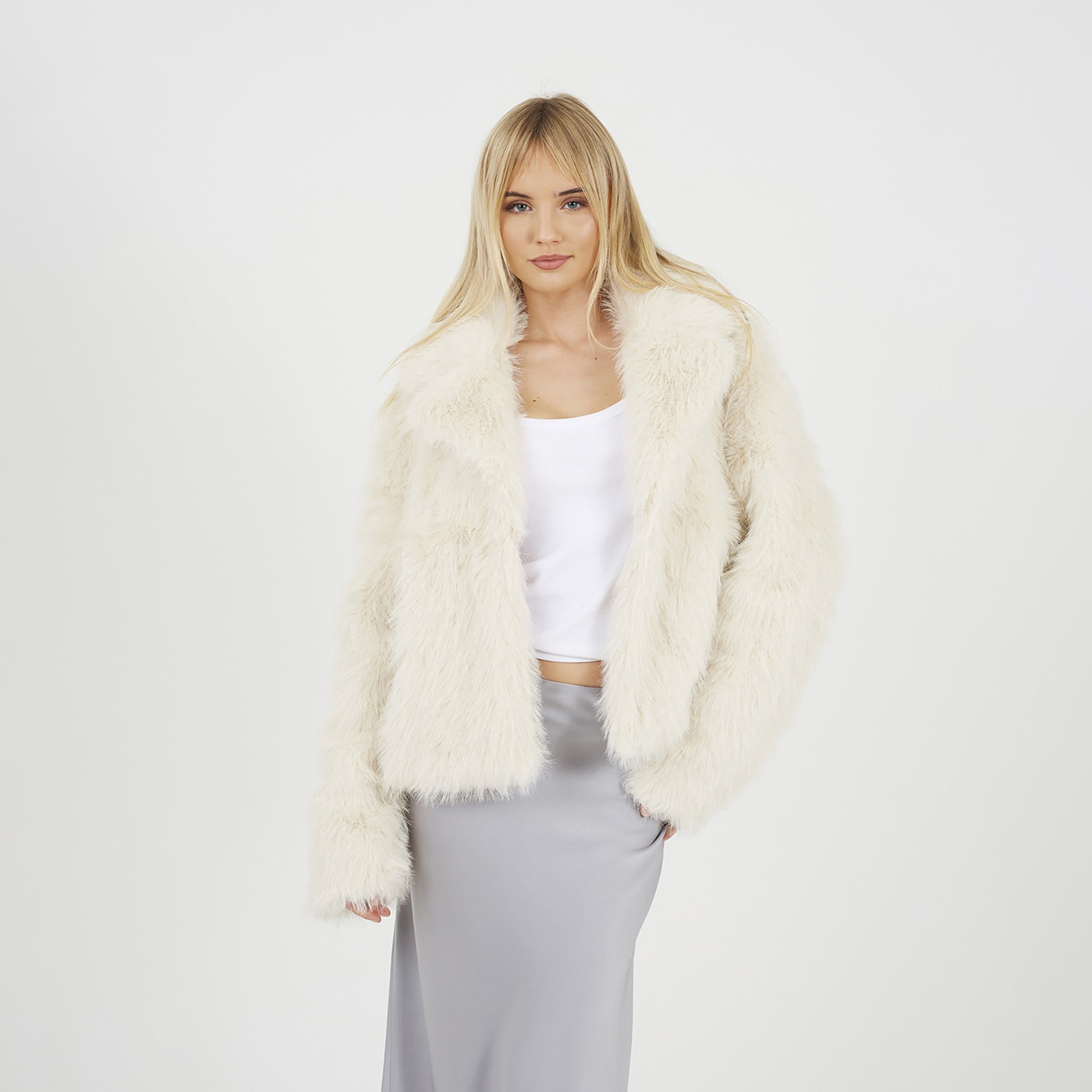 Brave Soul Cream Tinsel Faux Fur Jacket - Cream Image 1