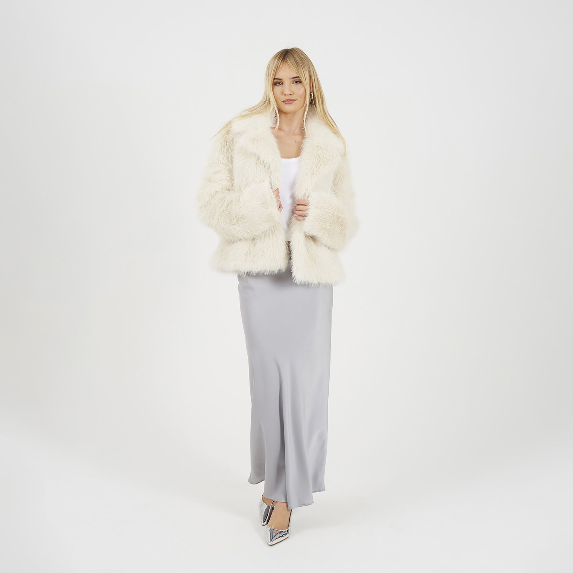 Brave Soul Cream Tinsel Faux Fur Jacket - Cream Image 3