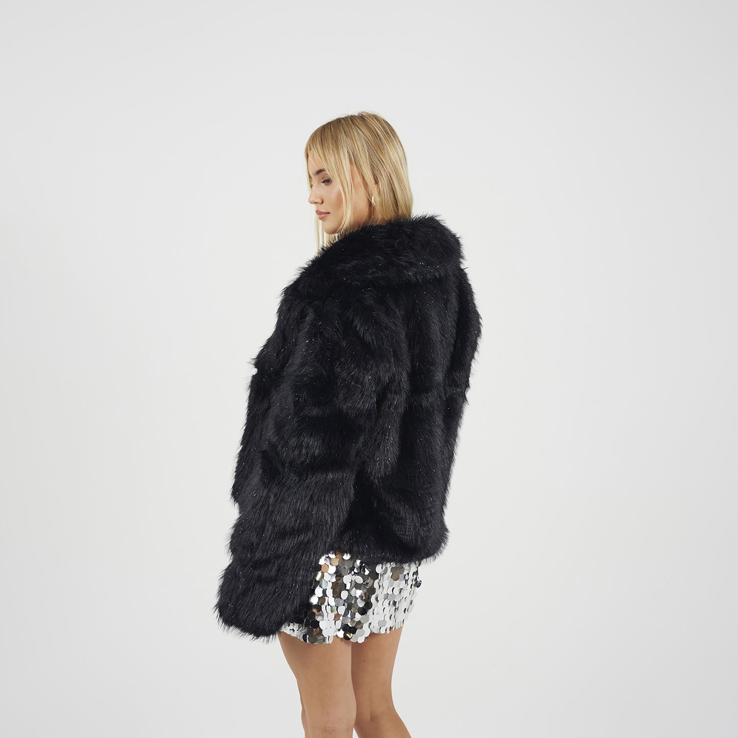 Brave Soul Black Tinsel Faux Fur Jacket - Black Image 2