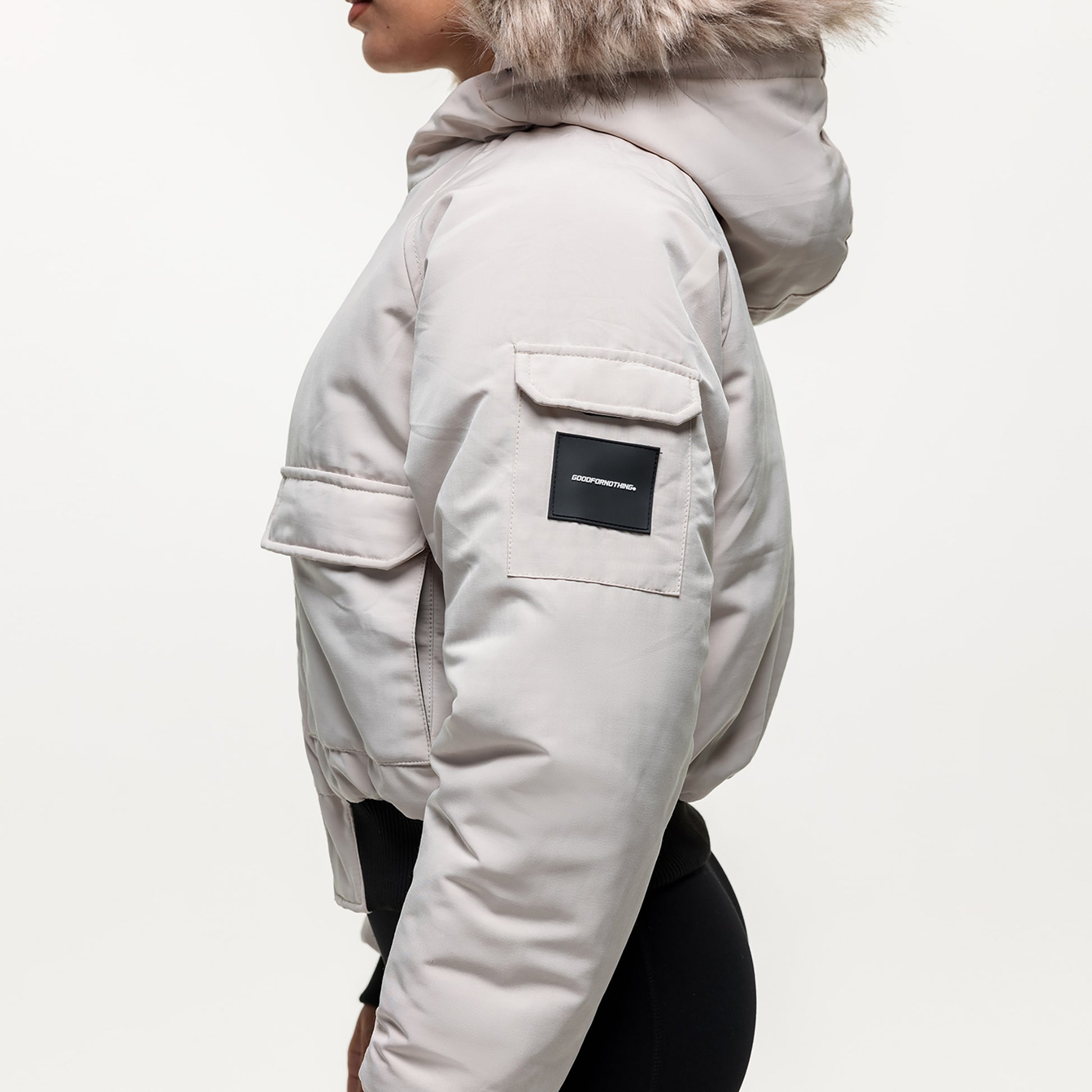 Good For Nothing Stone Padded Parka Jacket with Faux Fur Trim Hood - Stone Image 3
