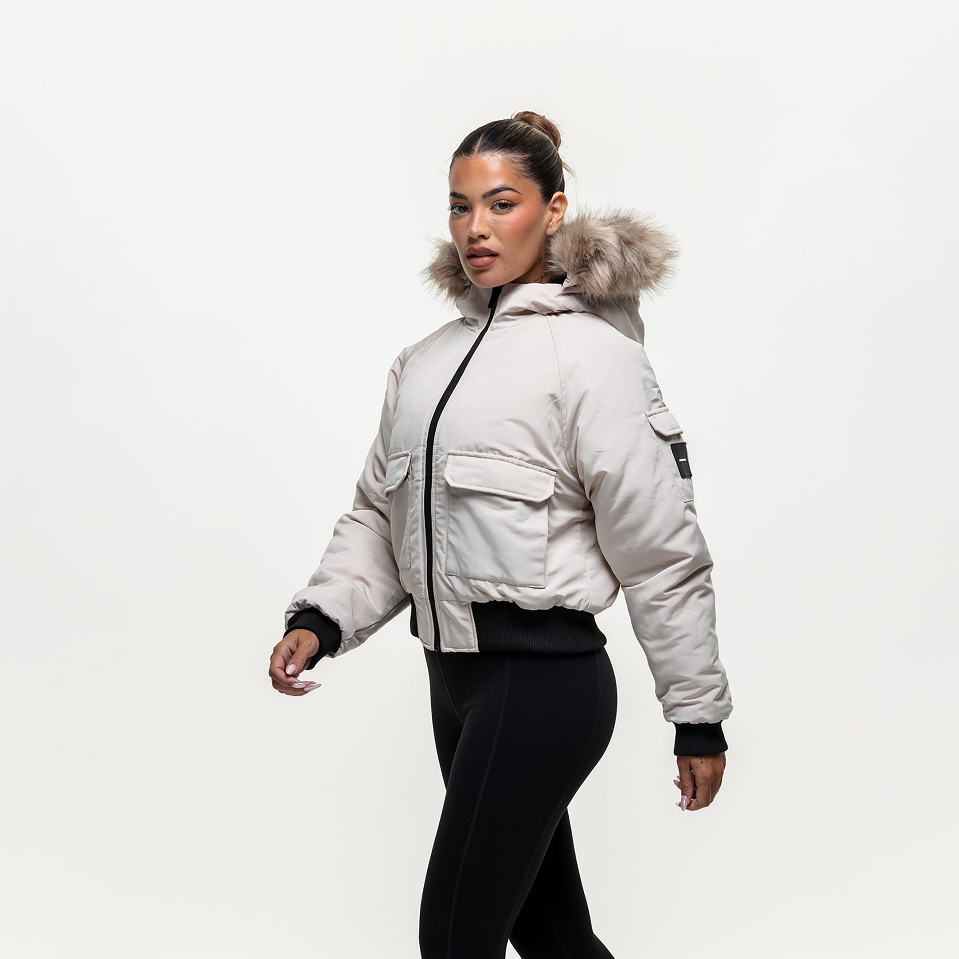 Good For Nothing Stone Padded Parka Jacket with Faux Fur Trim Hood - Stone Image 5
