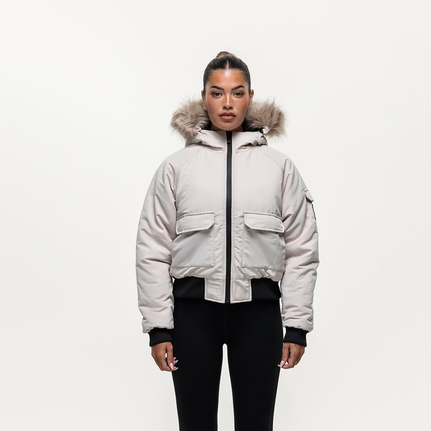 Good For Nothing Stone Padded Parka Jacket with Faux Fur Trim Hood - Stone Image 1
