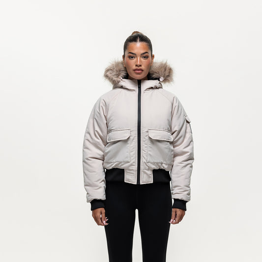 Good For Nothing Stone Padded Parka Jacket with Faux Fur Trim Hood - Stone Image 1