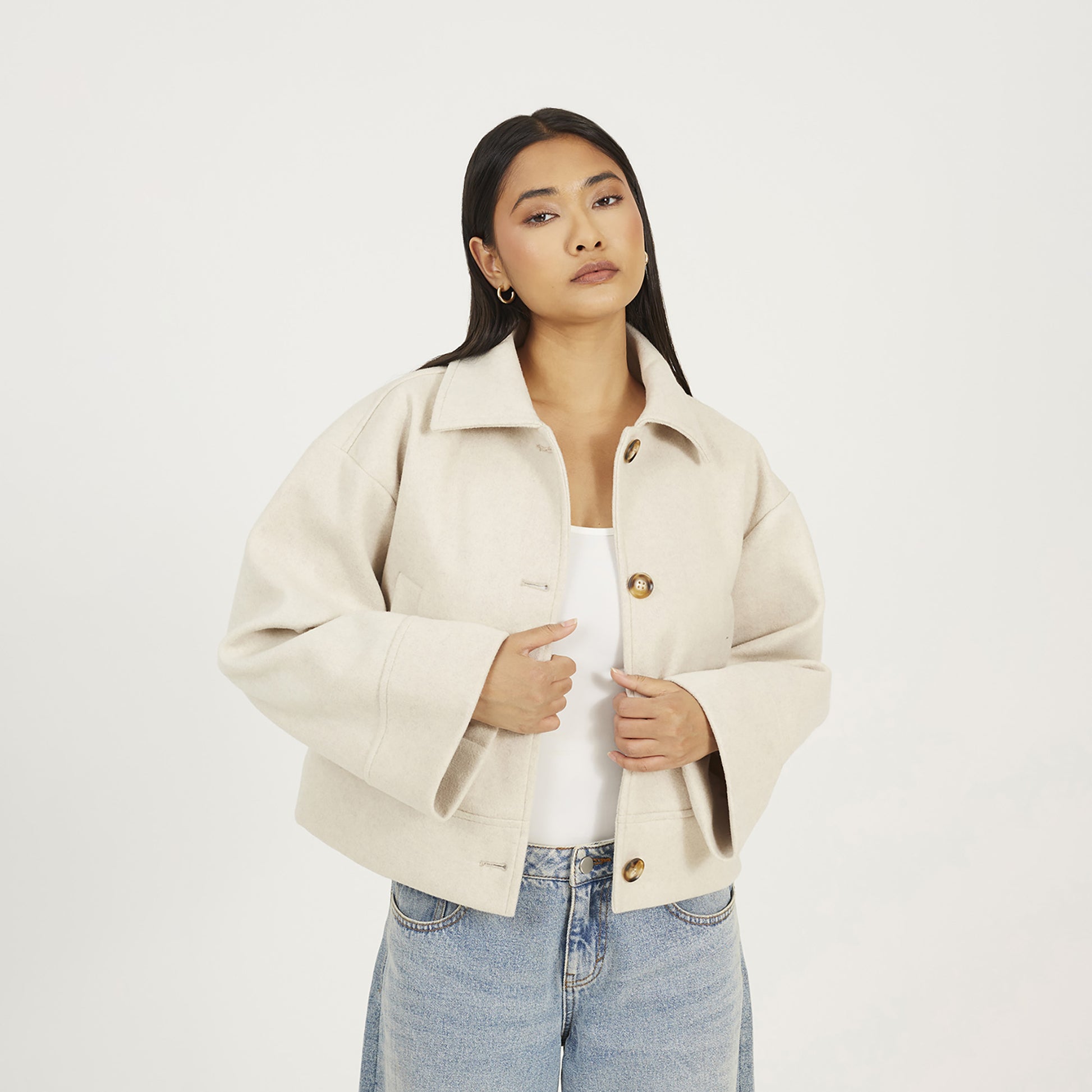 Brave Soul Beige Short Collared Jacket - Beige Image 1