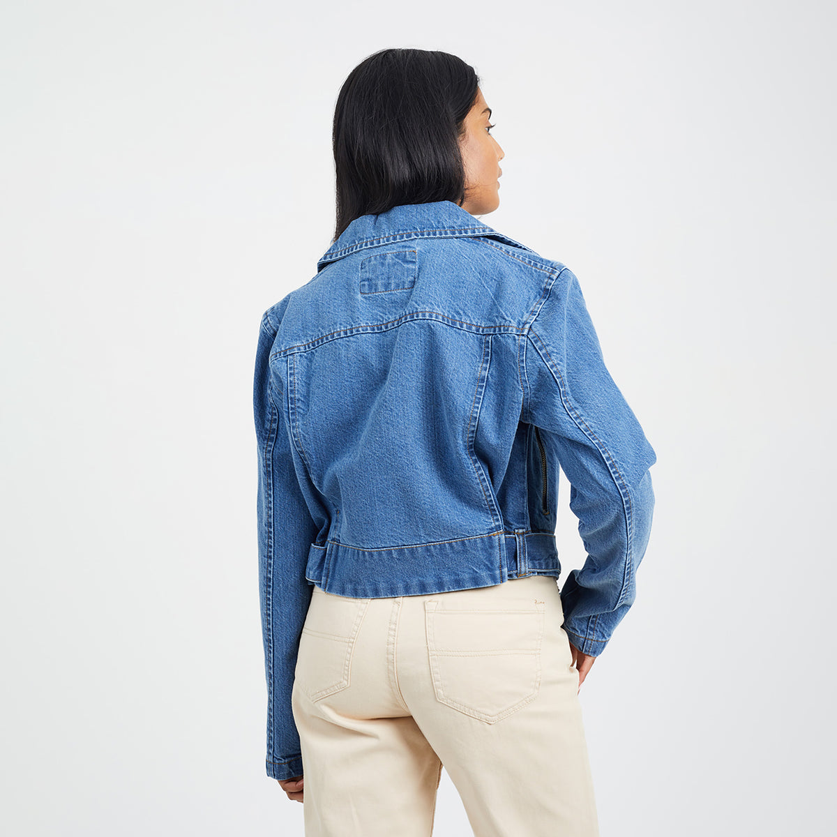 Brave Soul Mid Blue Denim Biker Jacket - Mid Blue Image 2