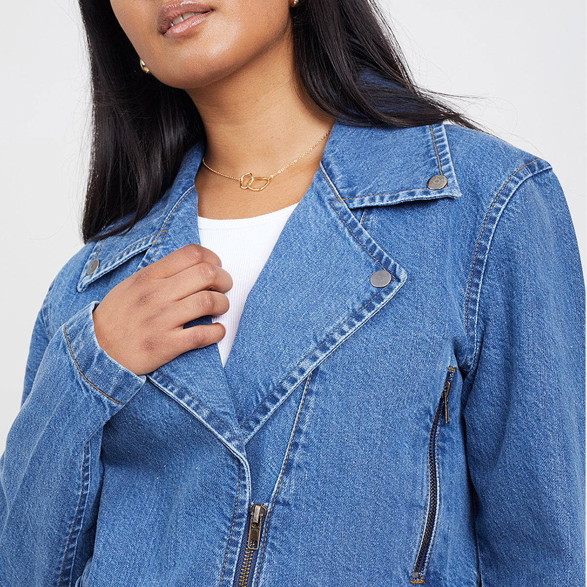 Brave Soul Mid Blue Denim Biker Jacket - Mid Blue Image 4