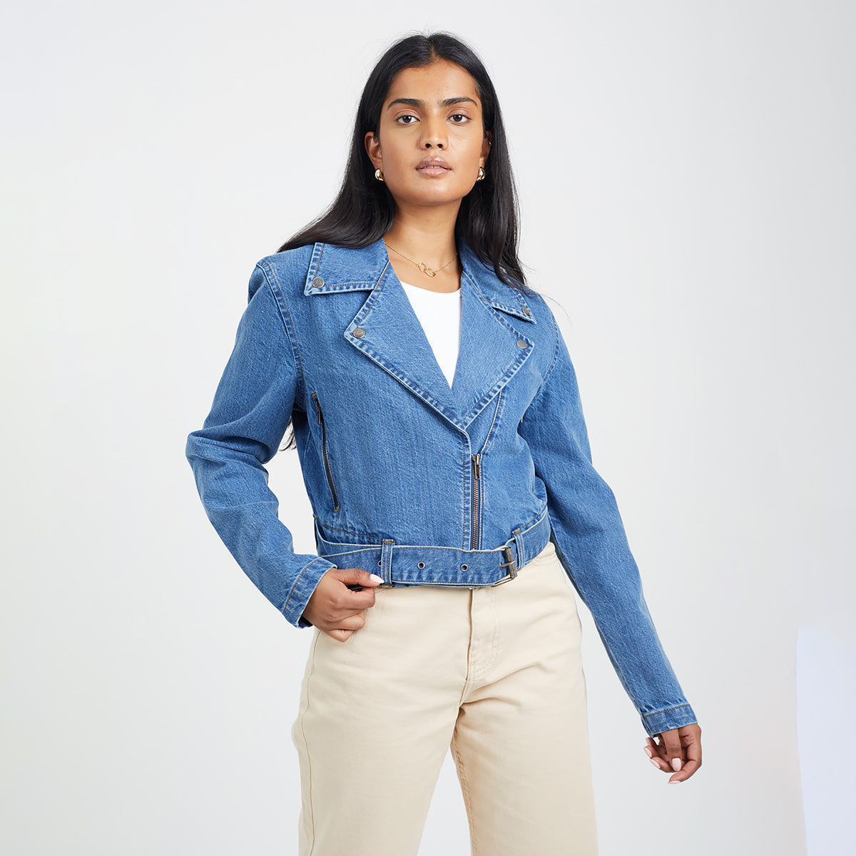 Brave Soul Mid Blue Denim Biker Jacket - Mid Blue Image 1