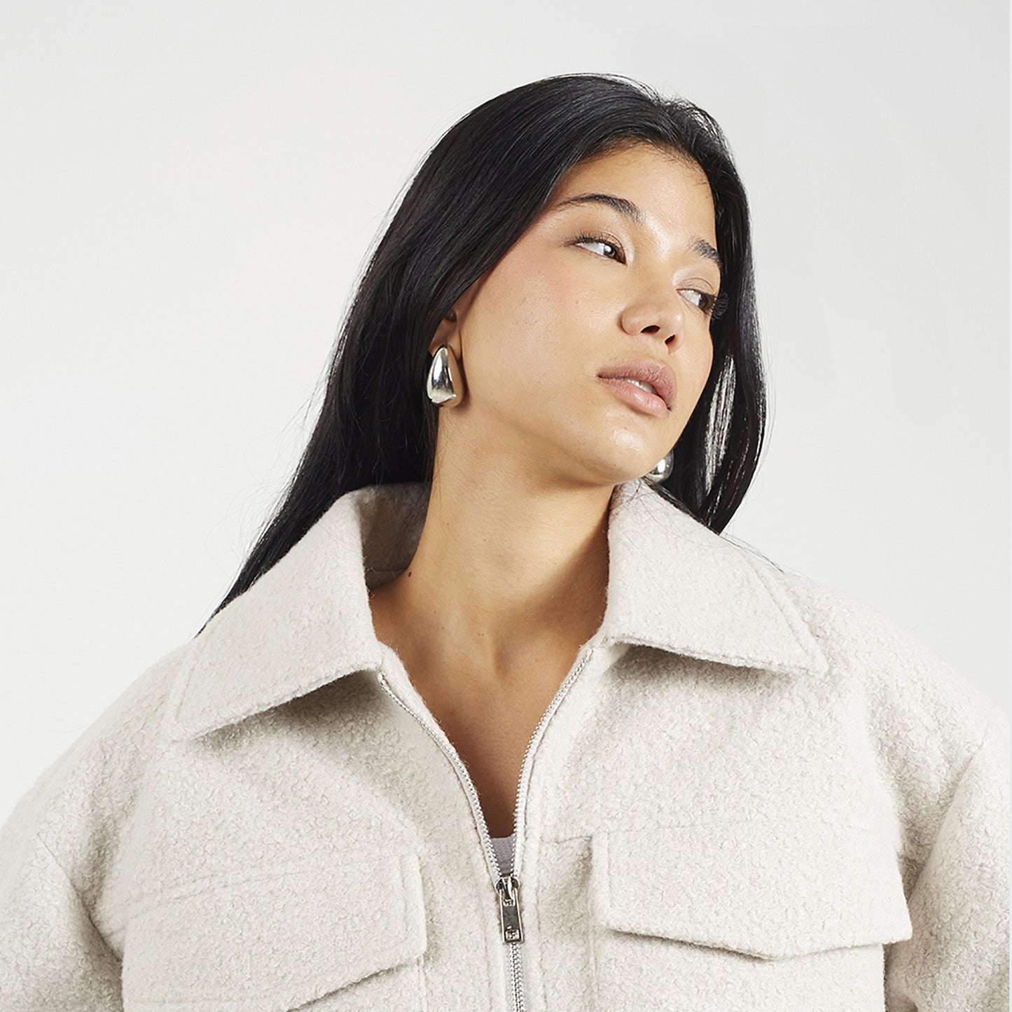 Brave Soul Light Grey Boucle Faux Wool Jacket - Light Grey Image 4