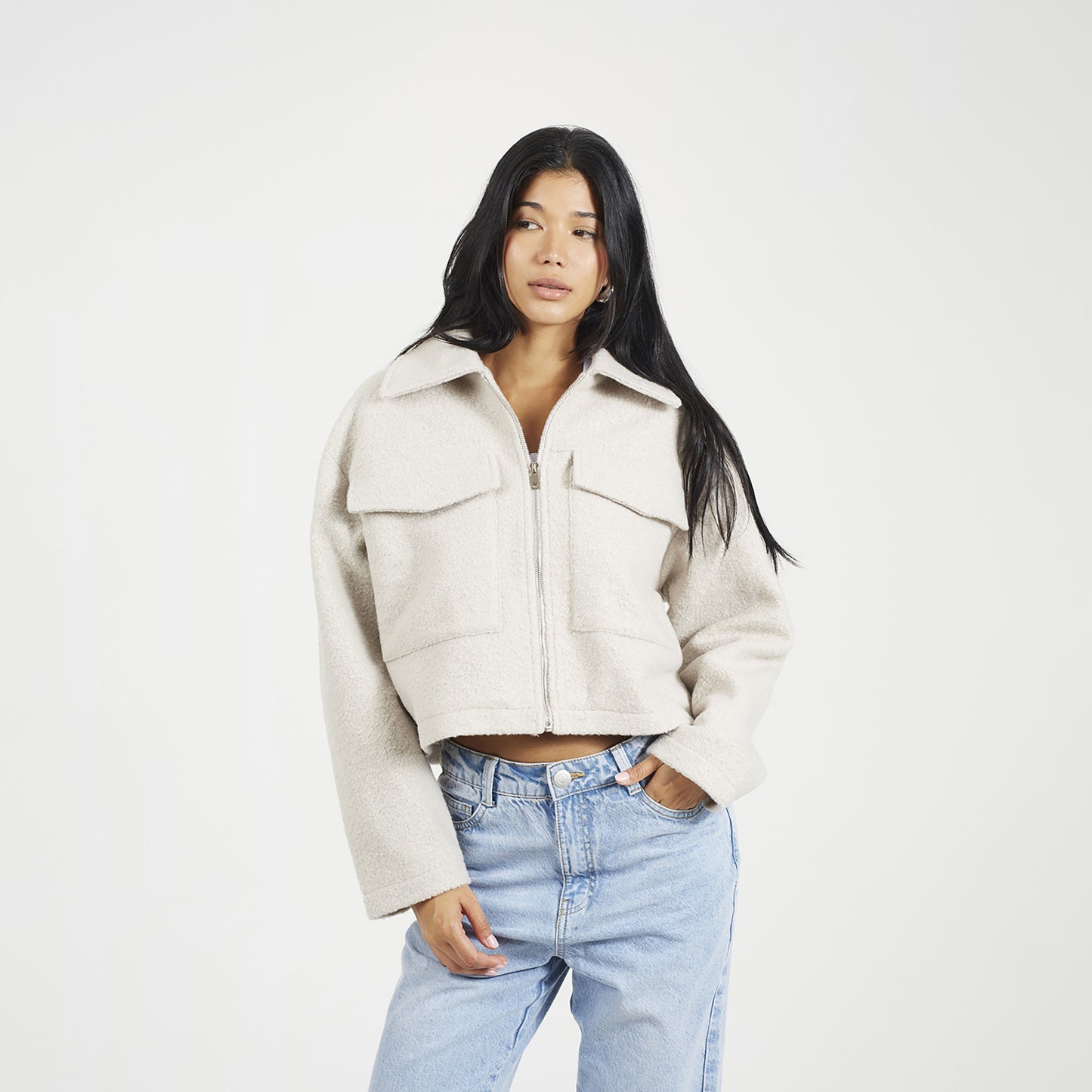 Brave Soul Light Grey Boucle Faux Wool Jacket - Light Grey Image 1