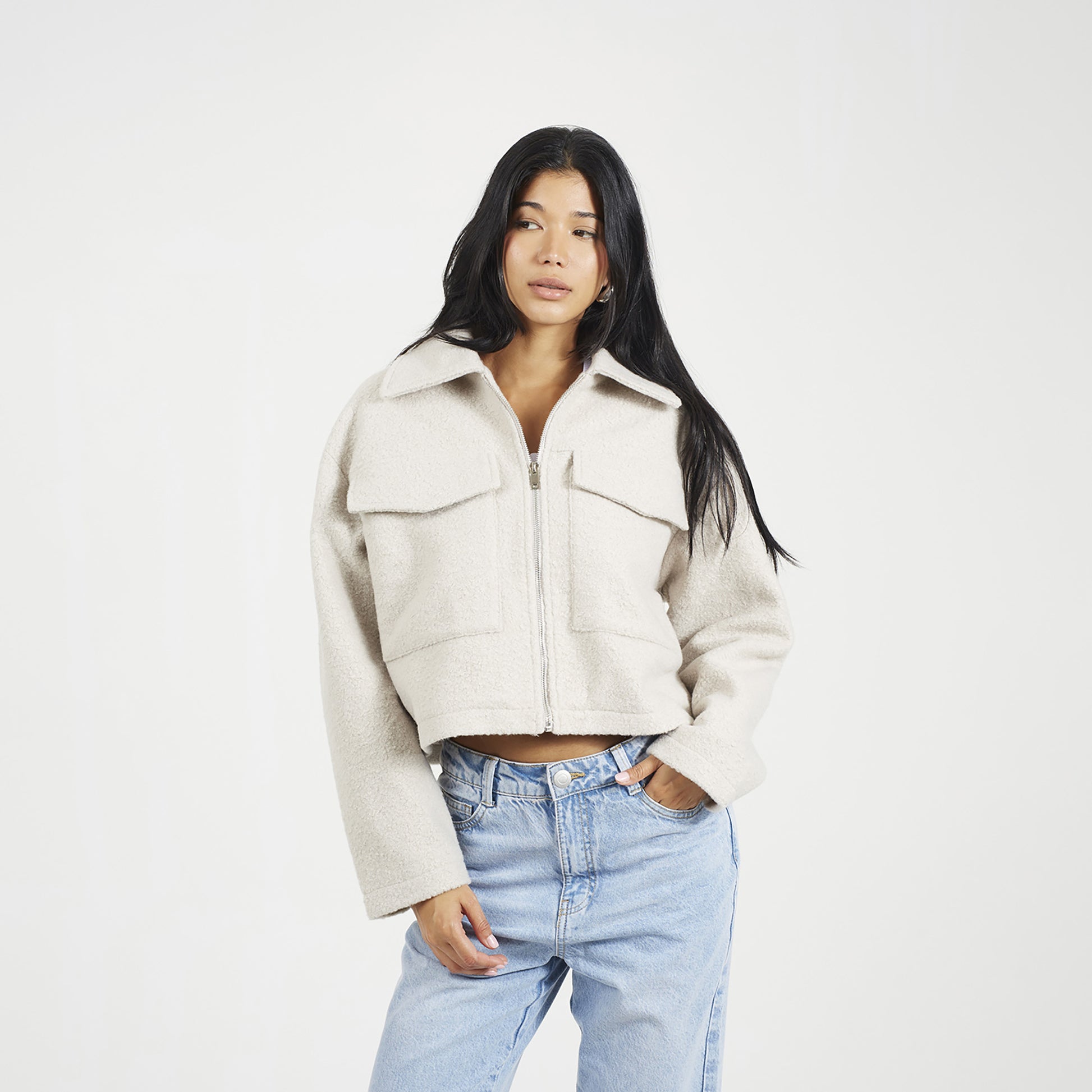 Brave Soul Light Grey Boucle Faux Wool Jacket - Light Grey Image 1